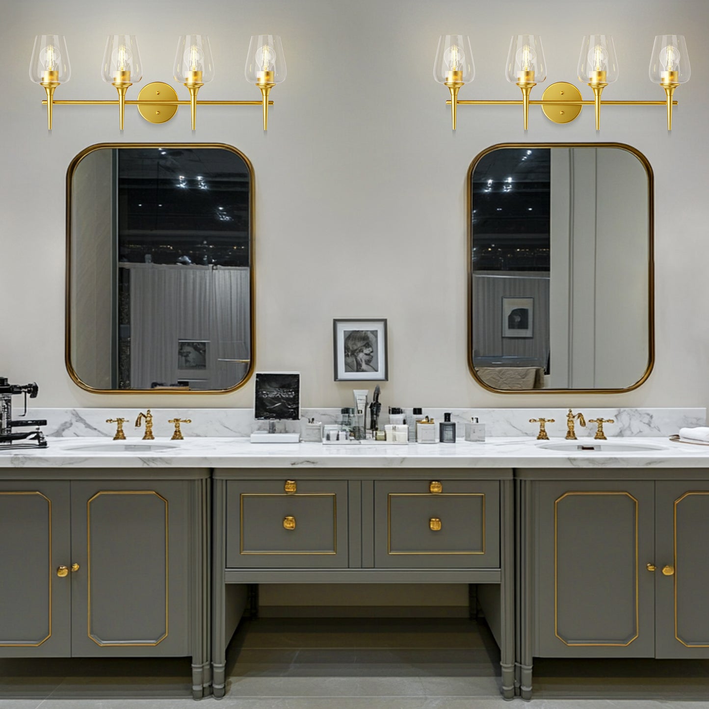 Modern Gold Vanity Lighting Fixture, 4 Light Over Mirror, Wall Lamp with Clear Glass for Bathroom, Hallway, Bedroom with E26 Socket