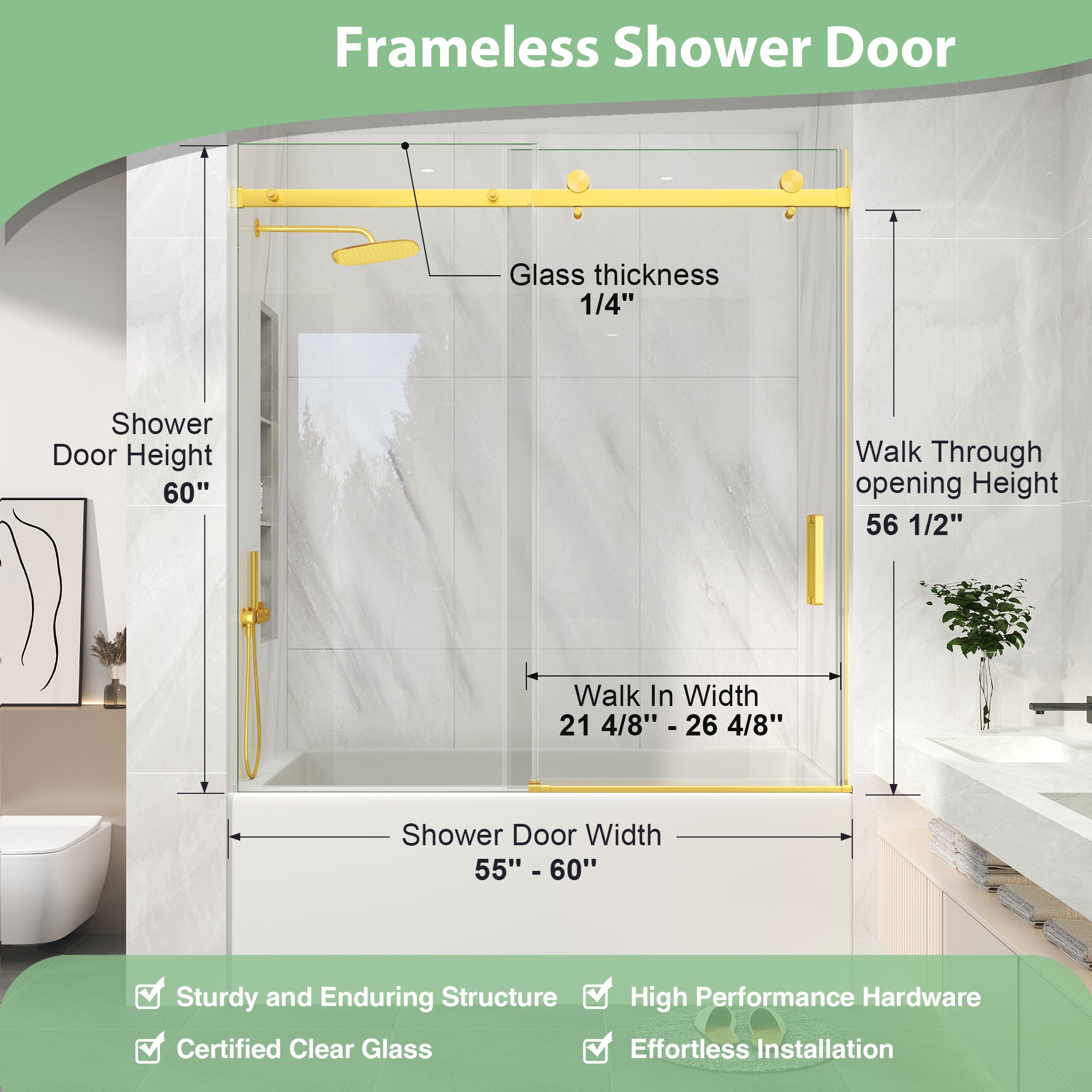 Brushed Gold Sliding Bathtub Door, 55–60 in. W x 60 in. H, Frameless Tub Shower Door, Model S9711D