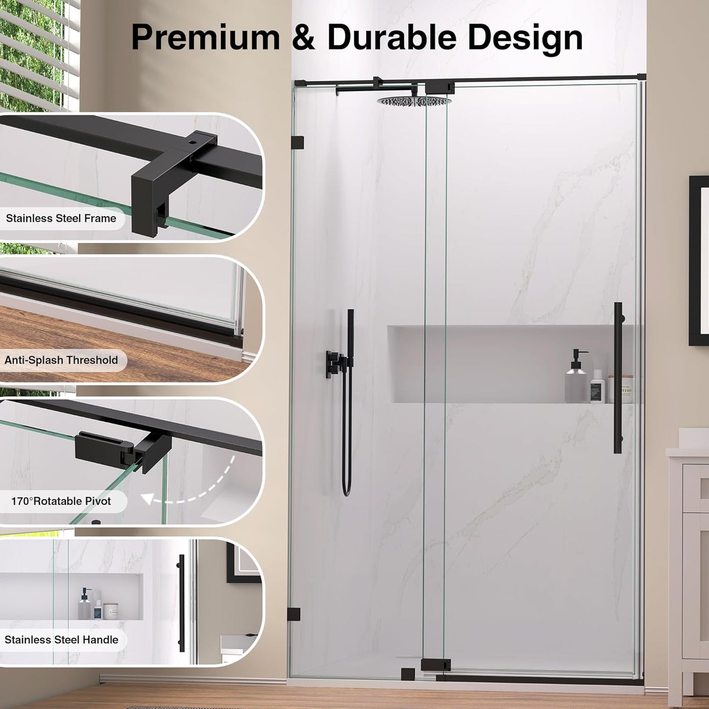 44-48" W x 74" H Pivot Swing Shower Door, Pivot Semi-Frameless Glass Shower Door with 1/4"(6mm) Clear SGCC Tempered Glass, Stainless Steel Frame, Matte Black