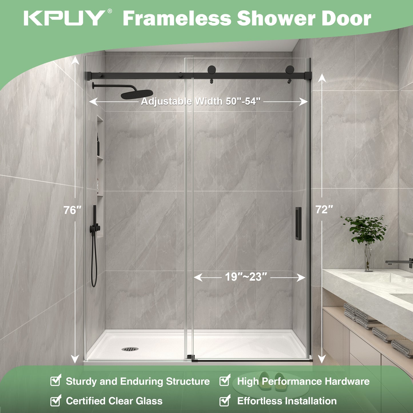 KPUY S9711A Frameless Shower Door, 56-60" W x 76" H Sliding Glass Shower Door, 1/4" (6mm) Thick Tempered Clear Glass with Explosion-Proof Film Nano Coating in Matte Black Finish