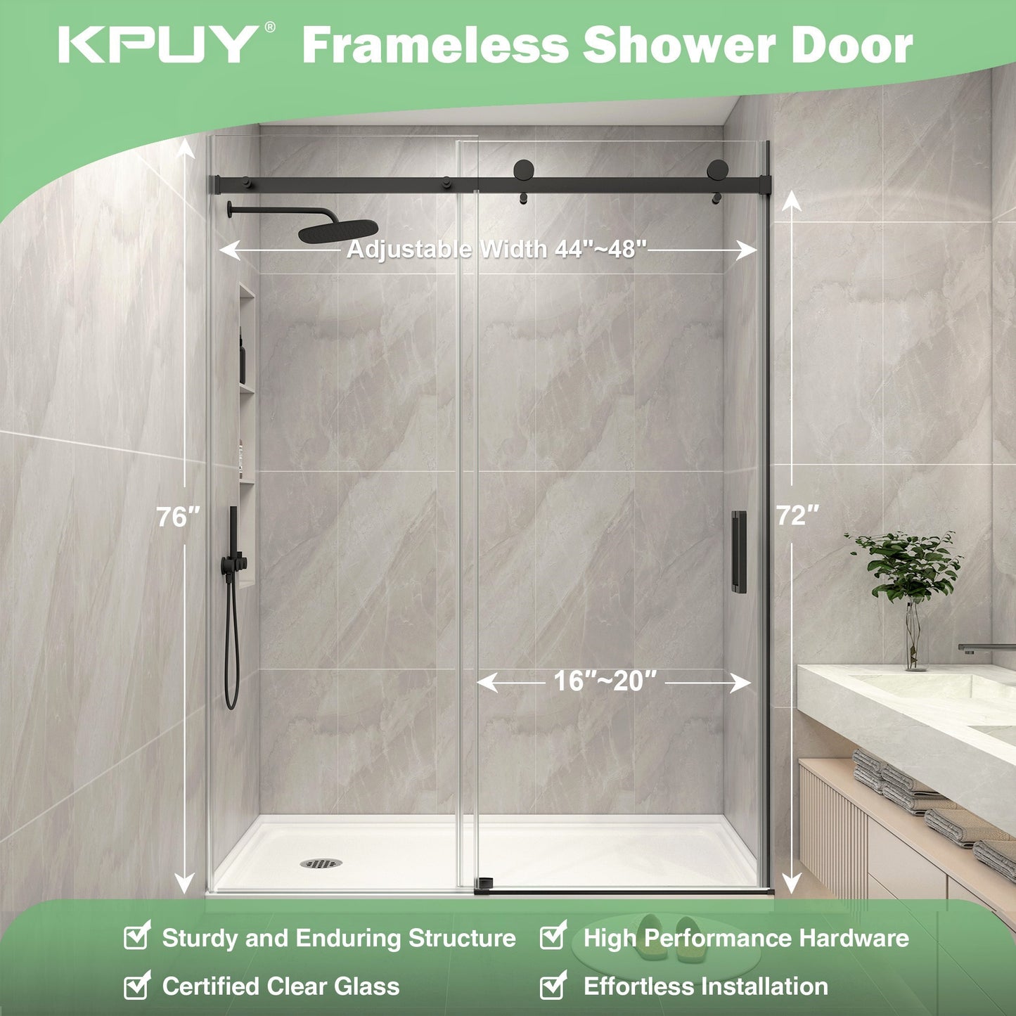 KPUY S9711B Frameless Shower Door, 44-48" W x 76" H Sliding Glass Shower Door, 1/4" (6mm) Thick Tempered Clear Glass with Explosion-Proof Film Nano Coating in Matte Black Finish
