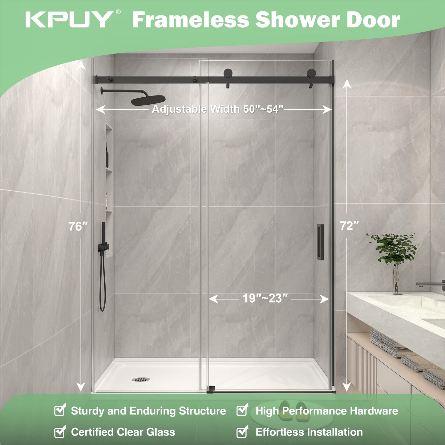 KPUY S9711B Frameless Shower Door, 44-48" W x 76" H Sliding Glass Shower Door, 1/4" (6mm) Thick Tempered Clear Glass with Explosion-Proof Film Nano Coating in Matte Black Finish
