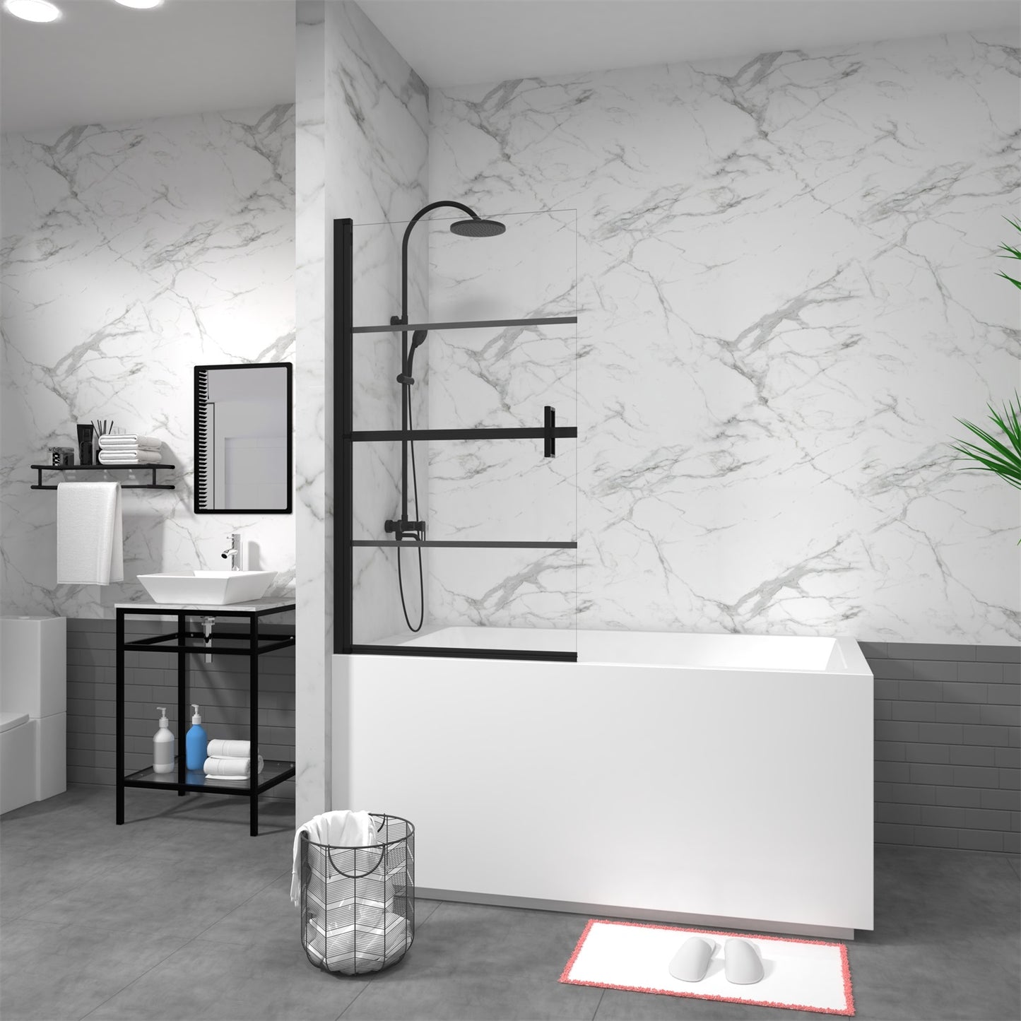 KPUY Goodyo Bathtub Screen Panel Shower Door 180° Pivot, Black