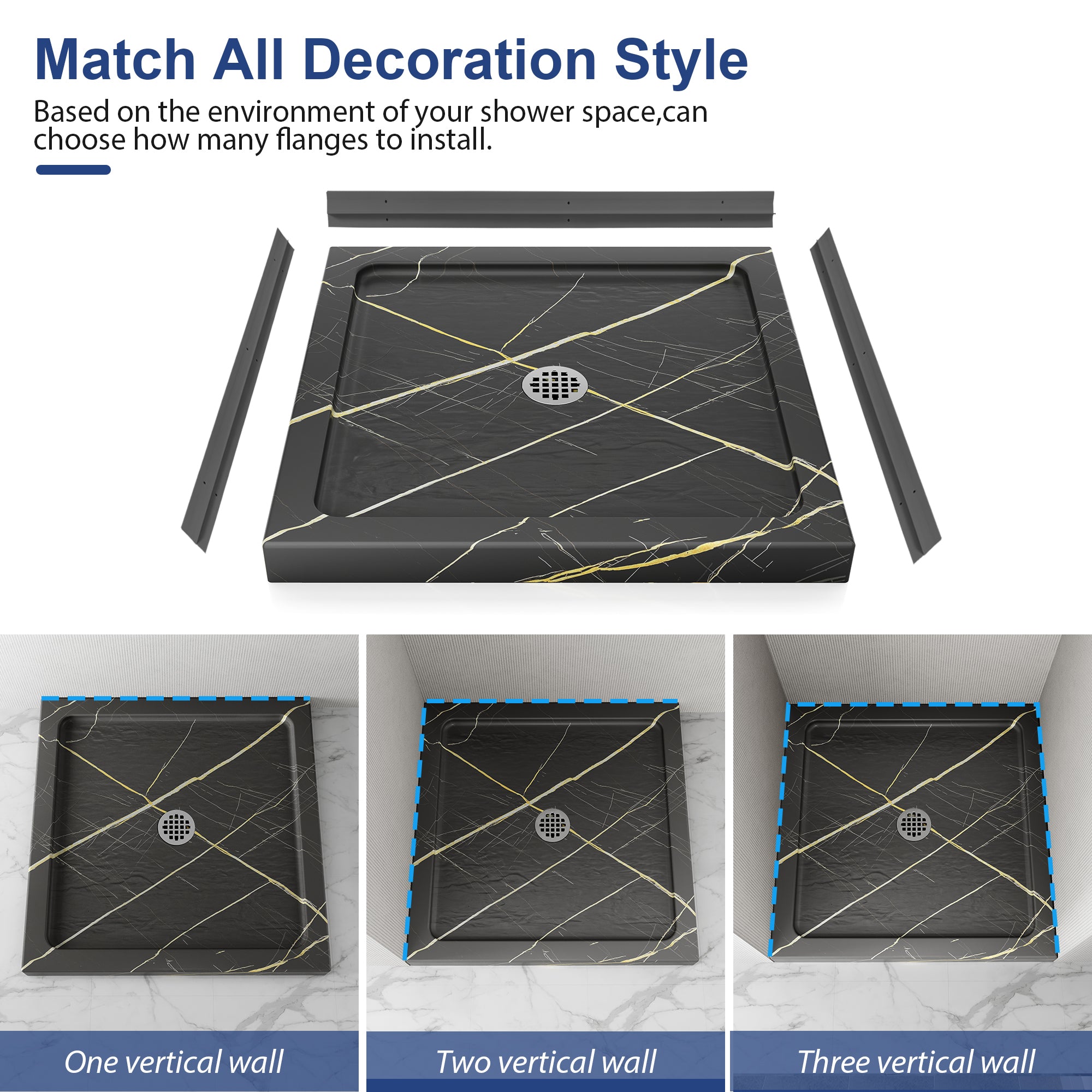 Black Gold Square Shower Base Series – Center Drain Stone-Look Shower Pan