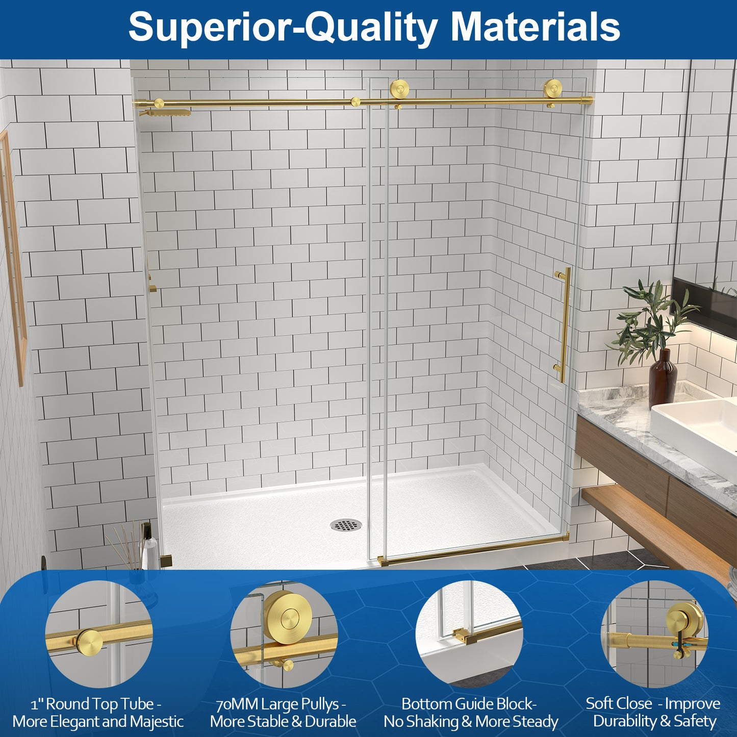 KPUY 2517 Black/Silver/Gold Frameless Shower Door, Sliding Glass Shower Door, 5/16" (8mm) Thick Tempered Clear Glass with Explosion-Proof Film Nano Coating, Stainless Steel Hardware