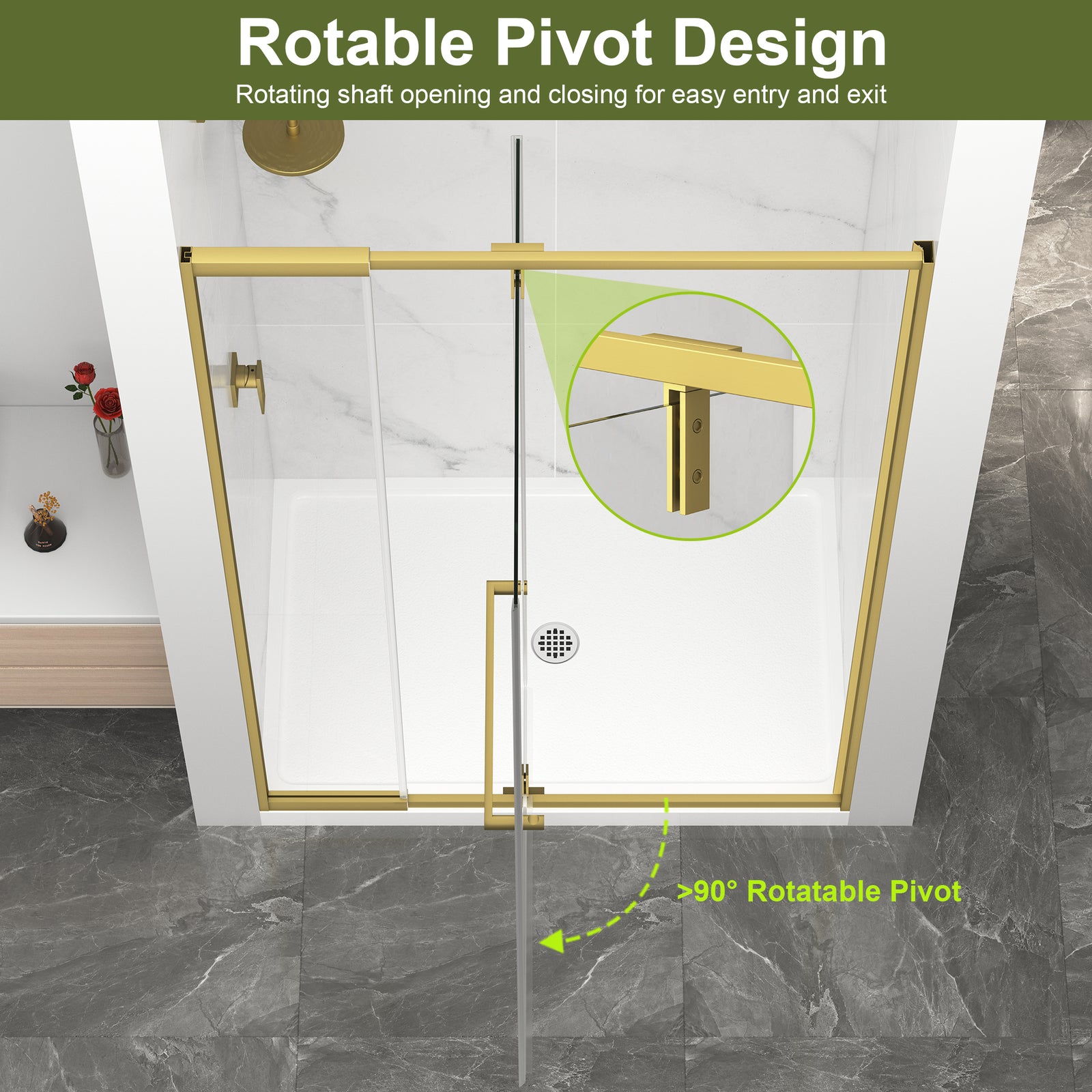 KPUY Semi-Frameless Pivot Shower Door, 1/4" Tempered Glass, Brushed Gold – 36–42" & 42–48" W x 72" H