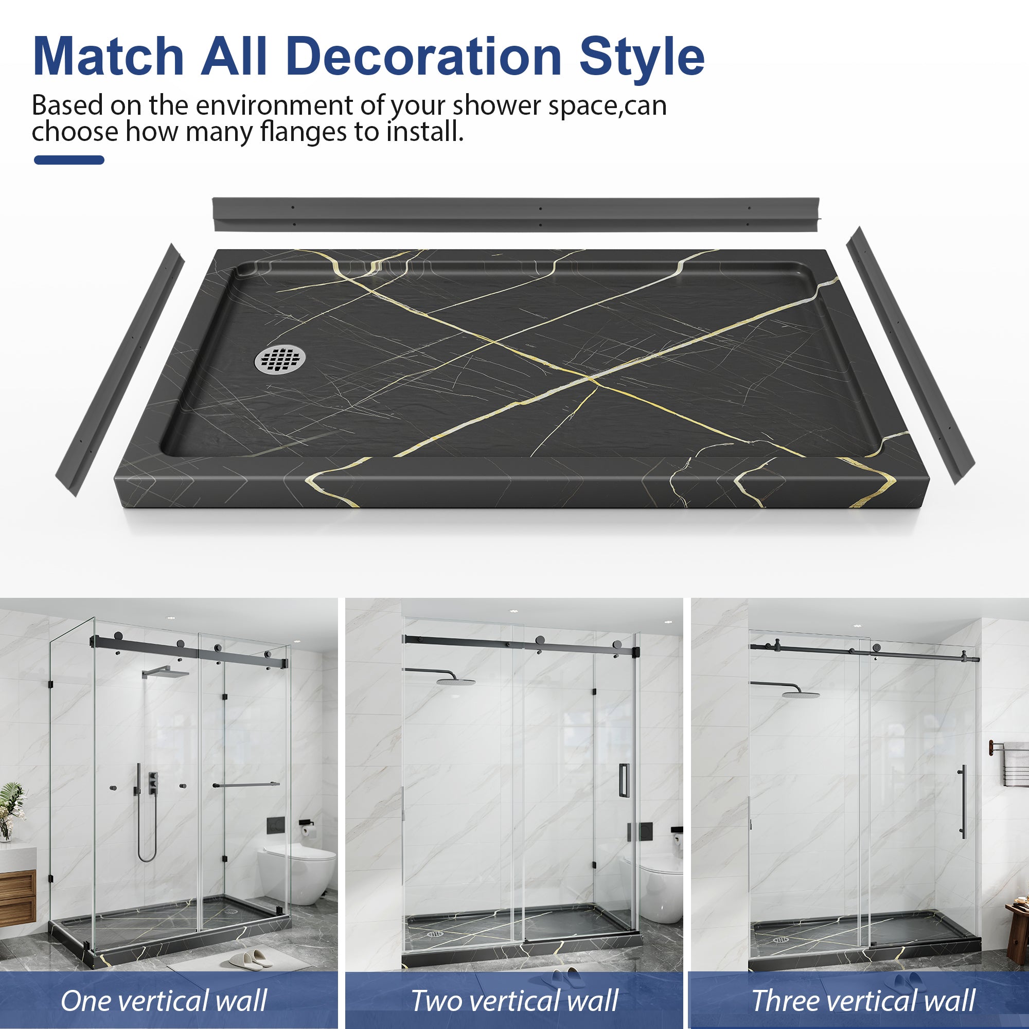 Black Gold Rectangular Shower Base Series – Multi-Size Stone-Look Shower Pan