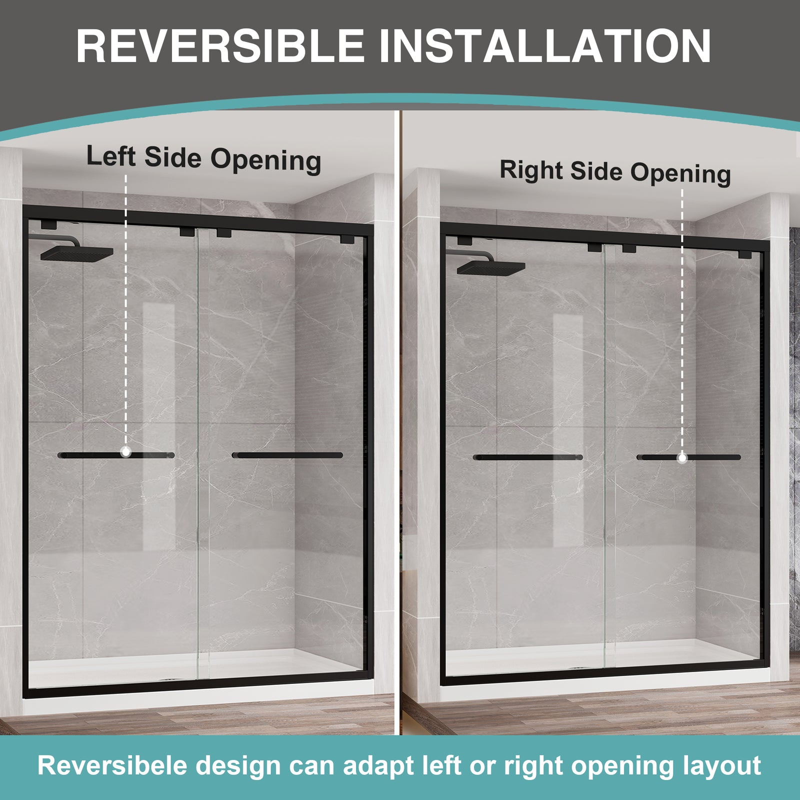 Matte Black Double Sliding Shower Door, Semi-Frameless, 43–48 in. W x 76 in. H, Model S0102