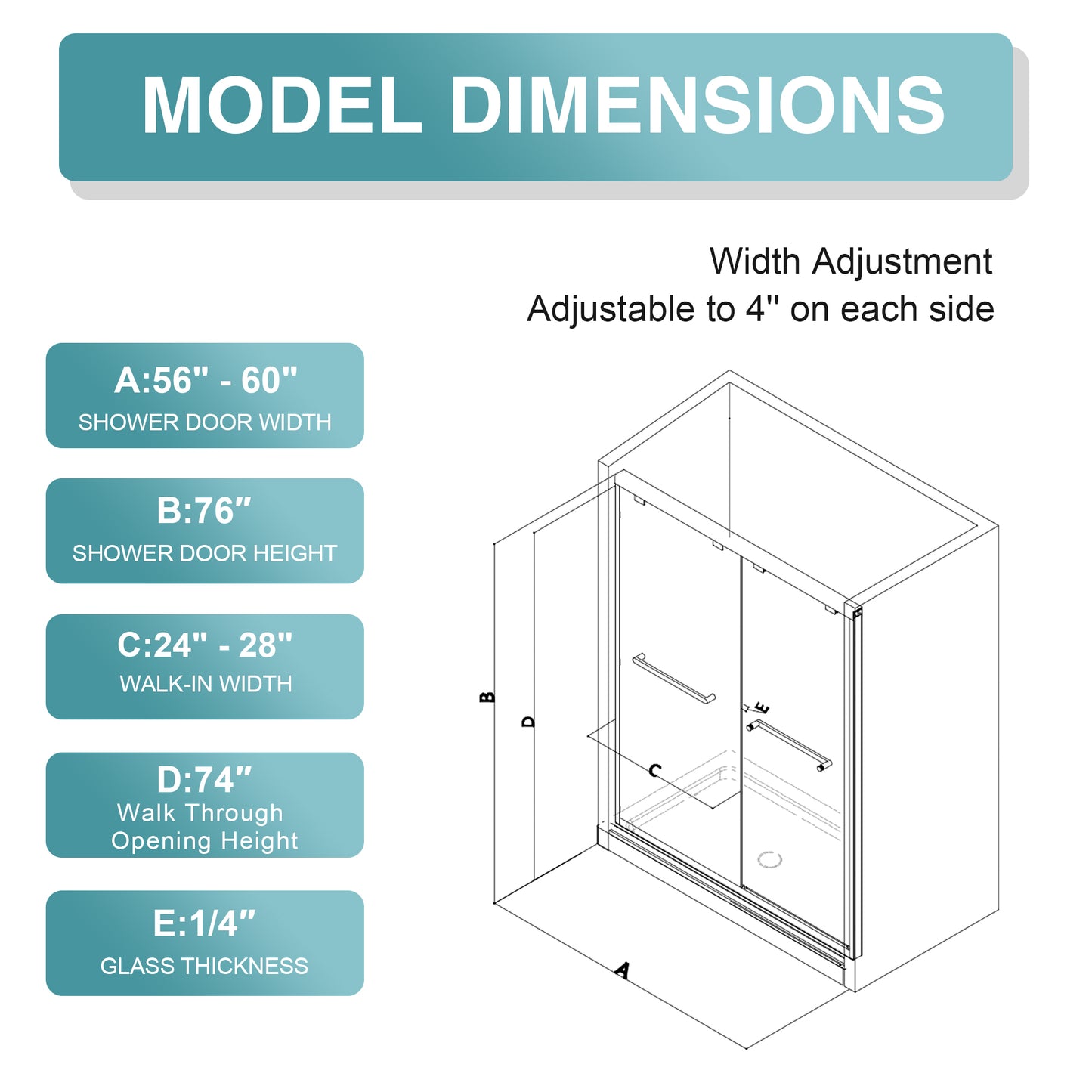 KPUY S0102 Glass Shower Door, 56-60" W x 76" H Semi-Frameless Shower Door, Double Sliding Shower Door with 1/4" (6mm) Thick Tempered Clear Glass, Shower Glass Door with Explosion-Proof Film in Matte Black