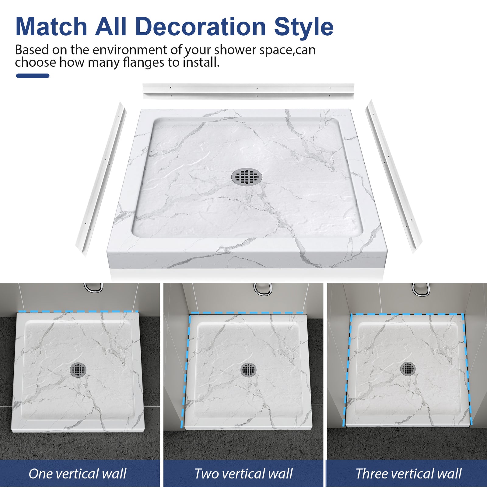 KPUY Square Acrylic/ABS Shower Base Pan with Center Drain, Carrara White Stone-Look