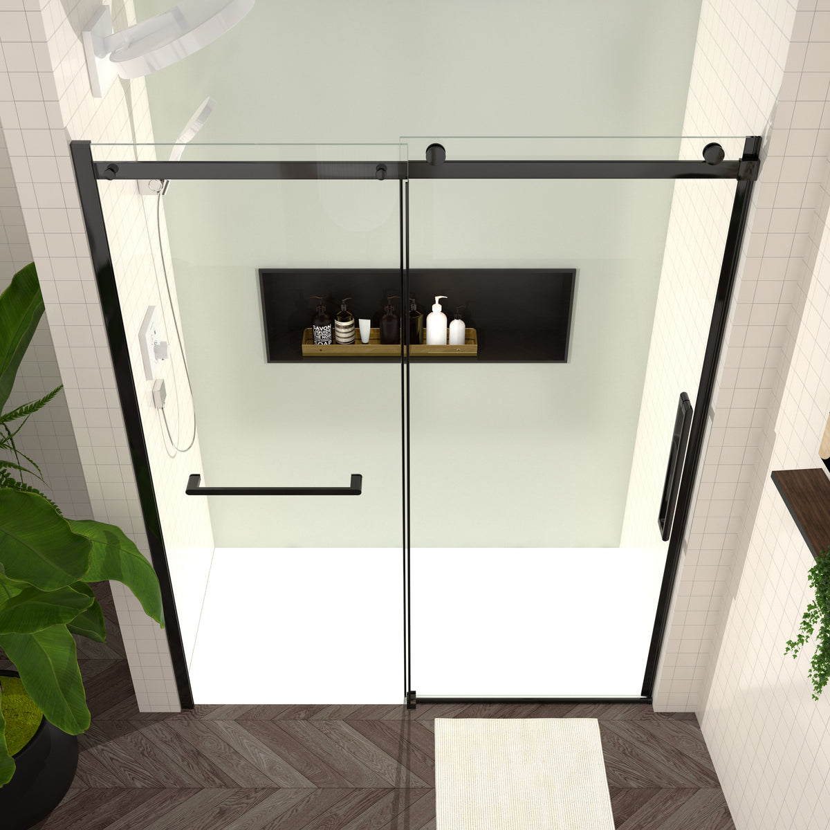S-RM6076TB 56-60"W x 76"H Sliding Shower Door, 8mm Frameless Glass Shower Door with Matte Black Hardware, Towel Bar and Handle