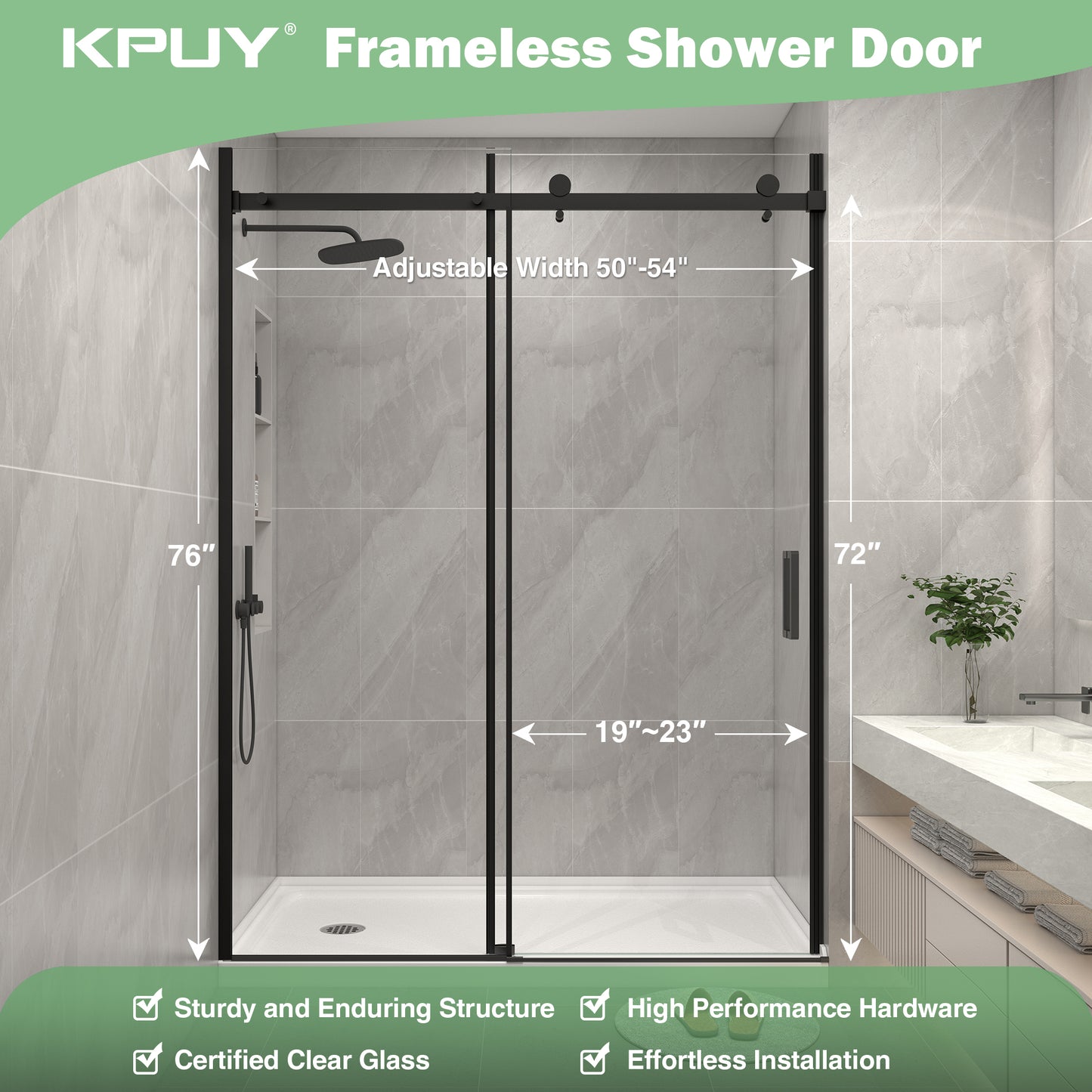KPUY 9711 Frameless Shower Door, 50-54" W x 76" H Sliding Glass Shower Door, 1/4" (6mm) Thick Tempered Clear Glass with Explosion-Proof Film Nano Coating in Matte Black Finish