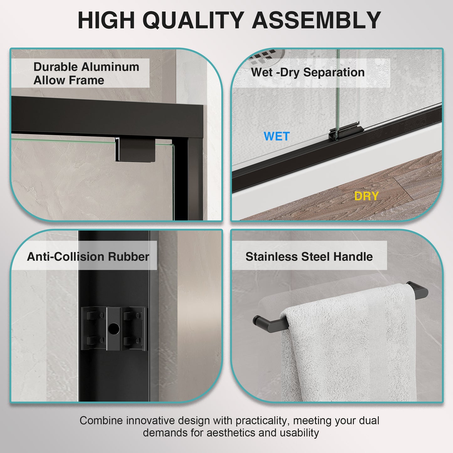 KPUY S0102 Glass Shower Door, 56-60" W x 76" H Semi-Frameless Shower Door, Double Sliding Shower Door with 1/4" (6mm) Thick Tempered Clear Glass, Shower Glass Door with Explosion-Proof Film in Matte Black
