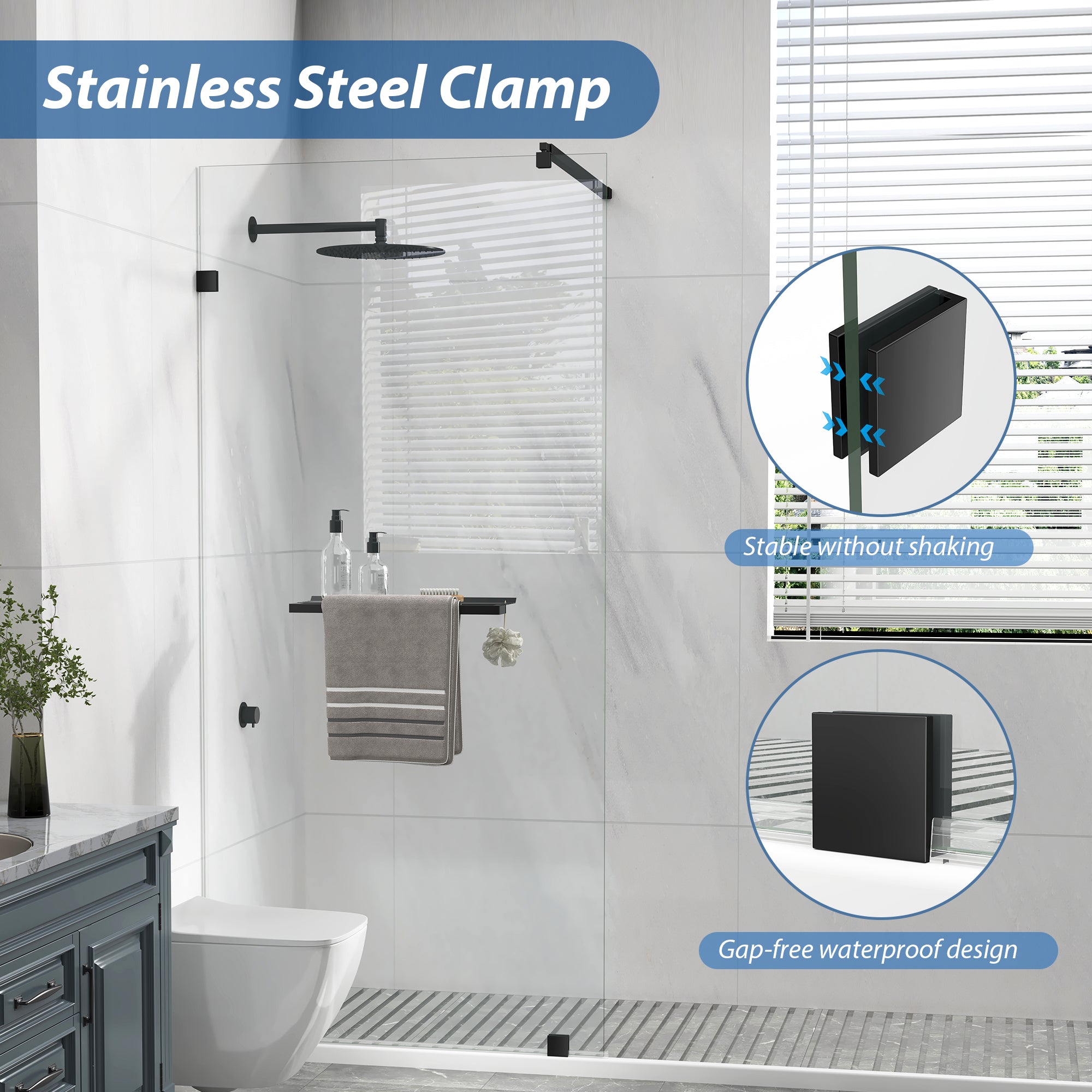 Matte Black Fixed Glass Shower Panel, 36 in. W x 76 in. H, Frameless Shower Screen, Model S97A
