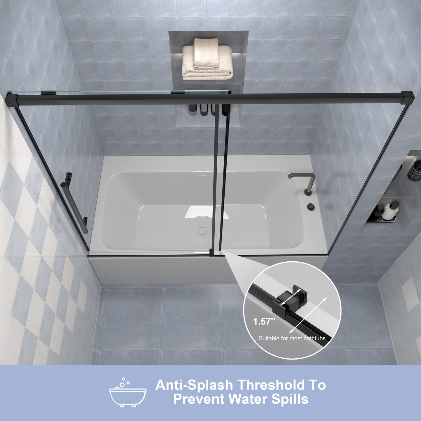 KPUY S0211 Bathtub Shower Door, 56-60" W x 58" H Sliding Shower Door for Bathtub, 1/4" (6mm) Thick Tempered Clear Glass with Explosion-Proof Film Nano Coating in Matte Black Finish