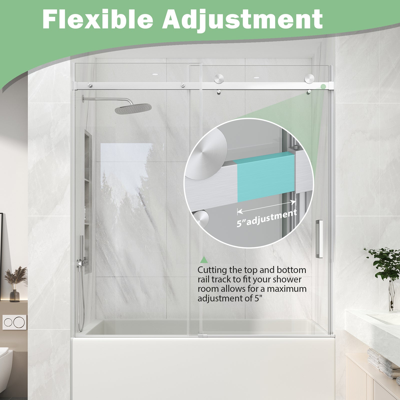 KPUY Frameless Sliding Bathtub Door, 60" H, 1/4" Tempered Glass, Brushed Nickel