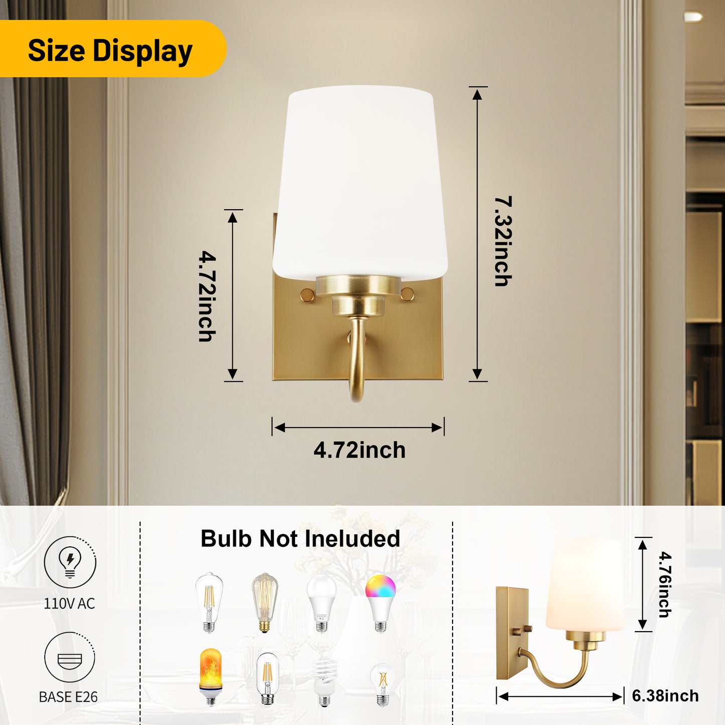 Bathroom Vanity Light Fixture, 1 Light Modern Gold Vanity Lighting Fixture, Lighting Fixture Over Mirror, Wall Sconce with Frosted Glass for Hallway, Bedroom with E26 Socket