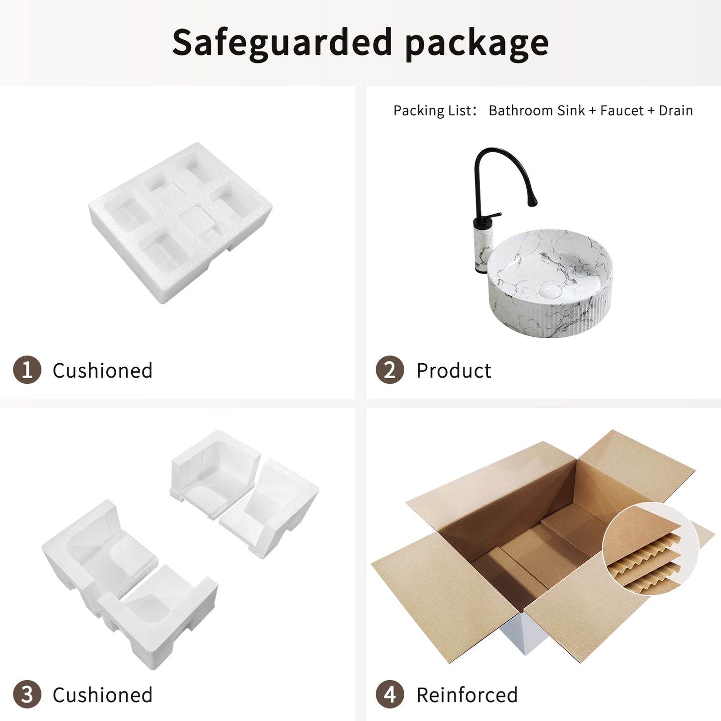 KPUY 15" Round Vessel Sink Set with Faucet & Drain | Black & White Marble Ceramic