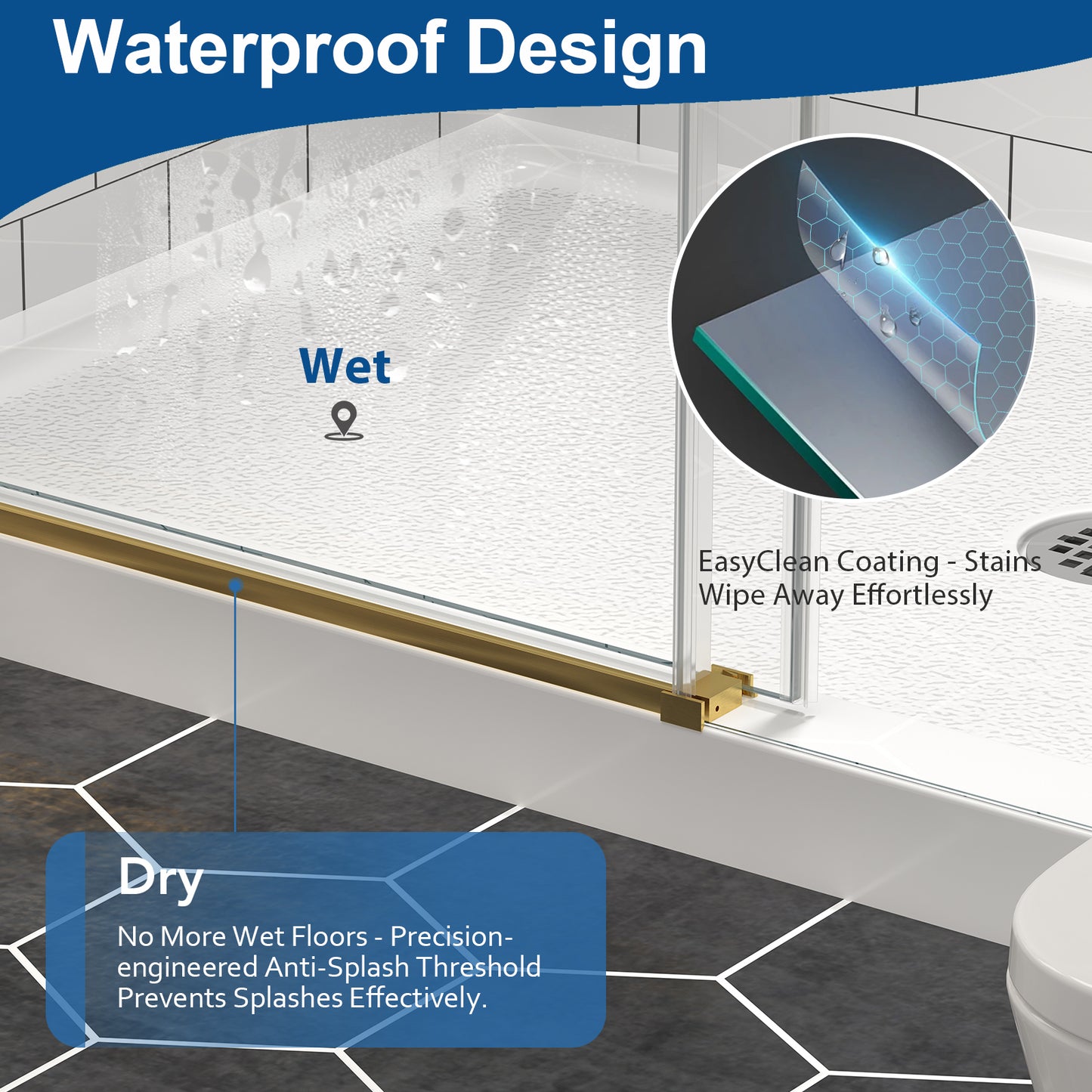 KPUY 2517 Black/Silver/Gold Frameless Shower Door, Sliding Glass Shower Door, 5/16" (8mm) Thick Tempered Clear Glass with Explosion-Proof Film Nano Coating, Stainless Steel Hardware