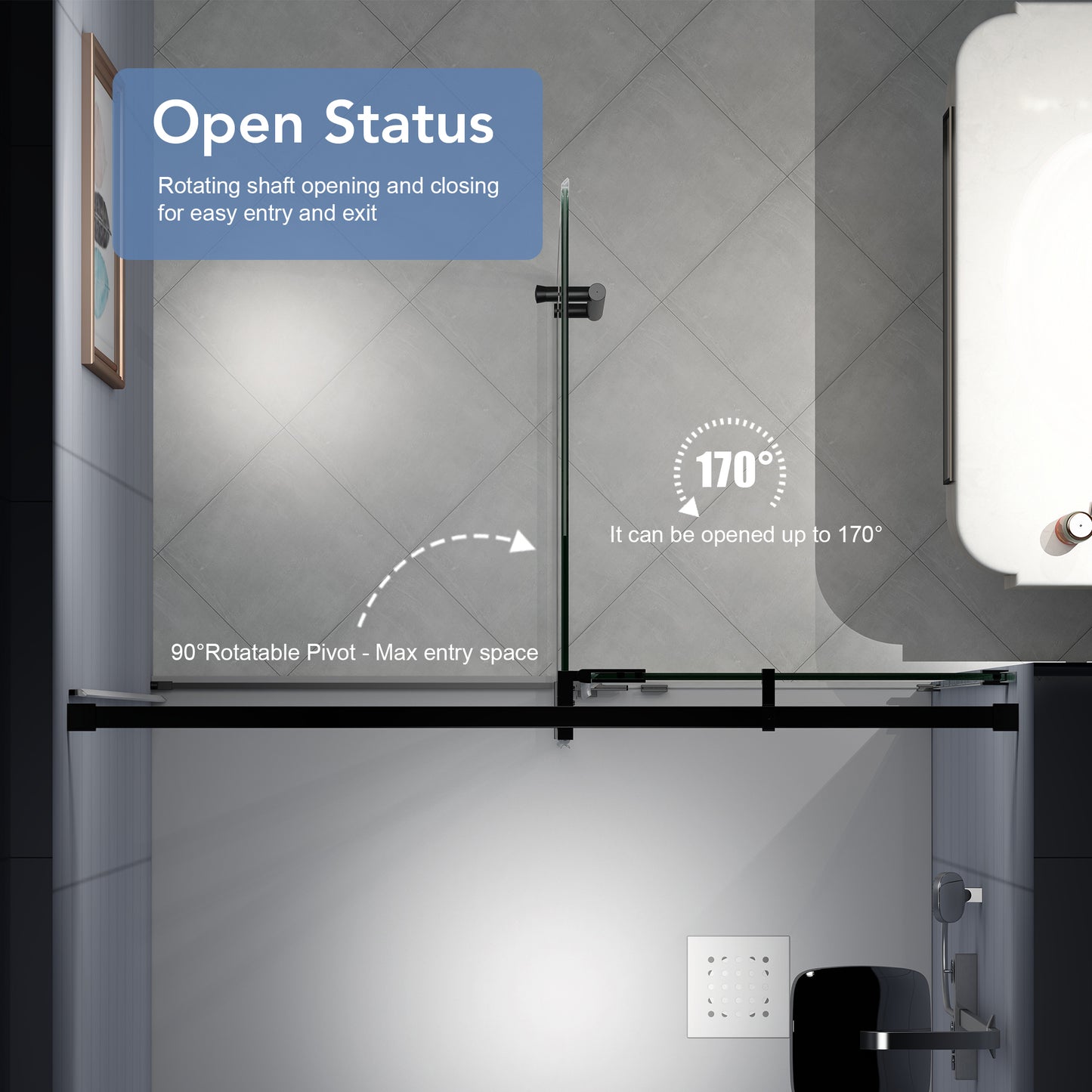KPUY 9511 Pivot Shower Door, 50-54" W x 74" H Pivot Semi-Frameless Shower Door, 1/4" (6mm) Tempered Glass with Explosion-Proof Film Nano Coating, Stainless Steel Hardware, Matte Black
