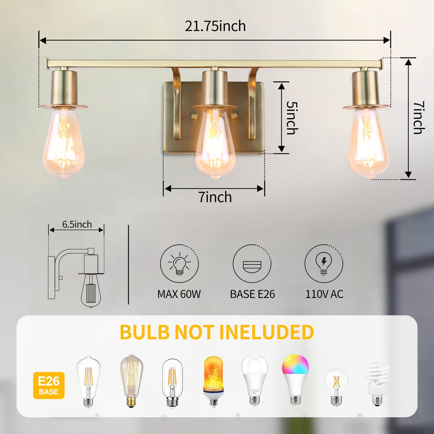Modern Gold Vanity Lighting Fixture, 3 Lights Above Mirror, Frosted Glass Wall Sconce for Bathroom, Hallway, Bedroom with E26 Socket