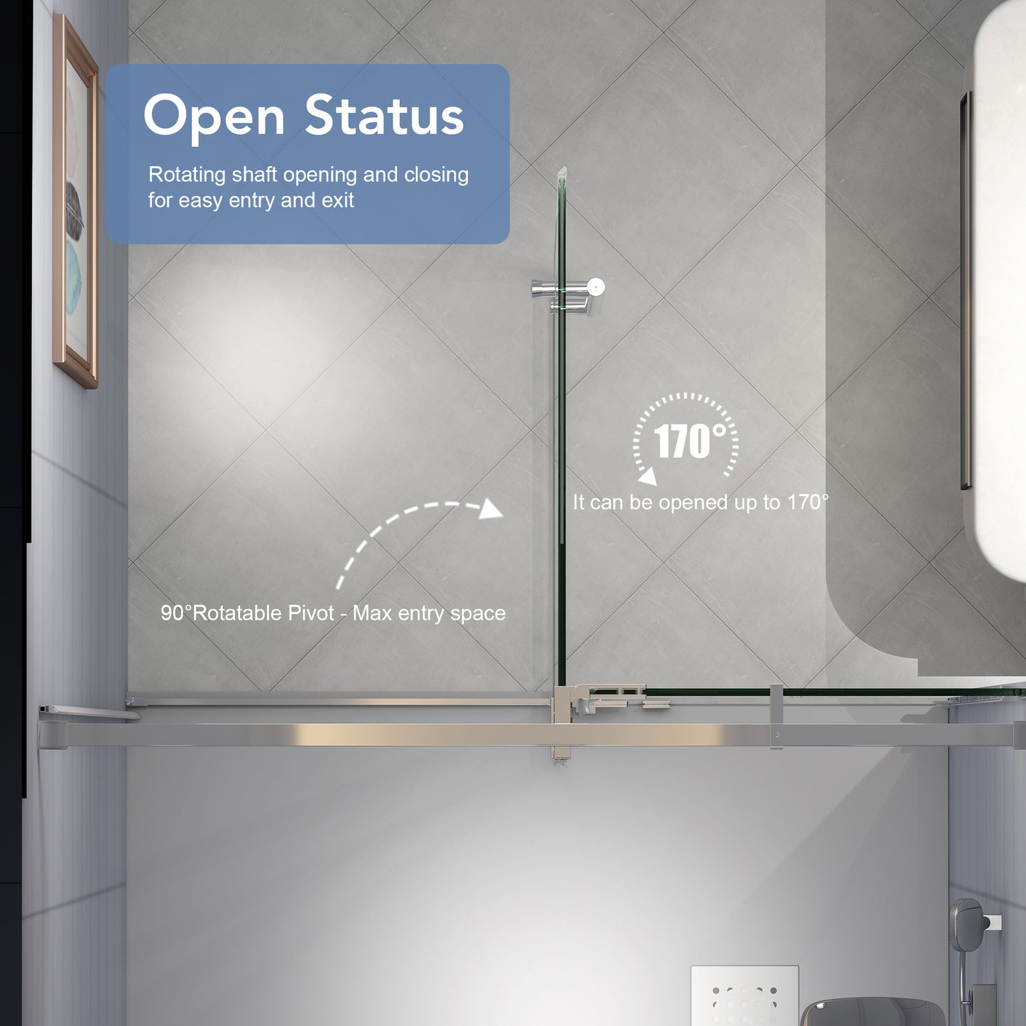 KPUY 9511 Pivot Shower Door, 50-54" W x 74" H Pivot Semi-Frameless Shower Door, 1/4" (6mm) Tempered Glass with Explosion-Proof Film Nano Coating, Stainless Steel Hardware, Chrome