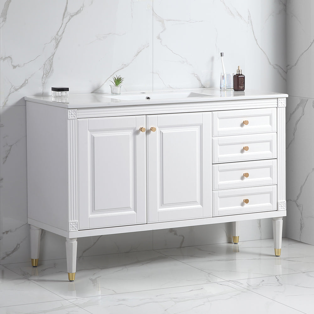 48'' Bathroom Vanity with Top Sink, Bathroom Storage Cabinet with 2 Soft Closing Doors and 3 Drawers, Single Sink Bathroom Vanity. White