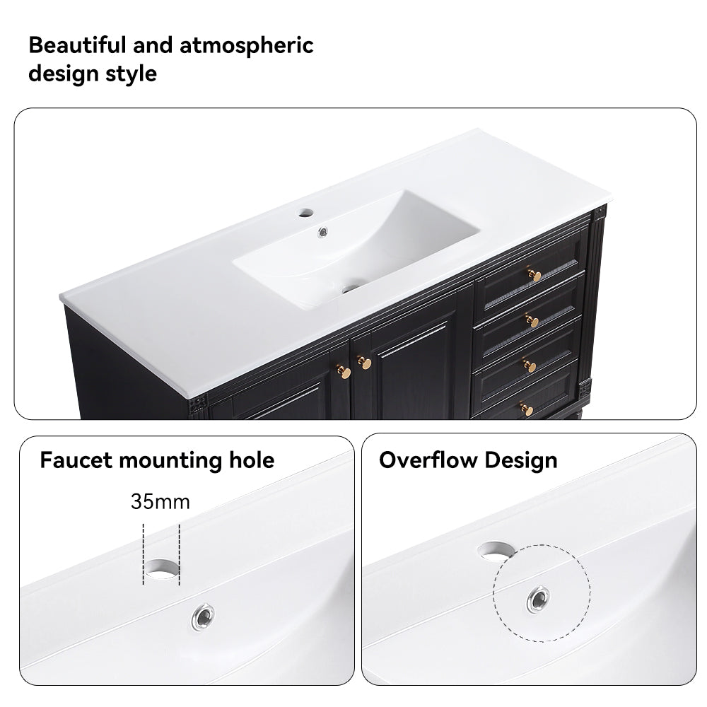 48'' Bathroom Vanity with Top Sink, Bathroom Storage Cabinet with 2 Soft Closing Doors and 3 Drawers, Single Sink Bathroom Vanity. black