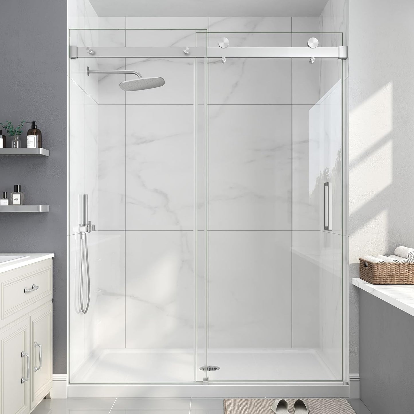 KPUY 76" H Frameless Sliding Shower Door | Adjustable Width (43" - 60") | 1/4" SGCC Glass