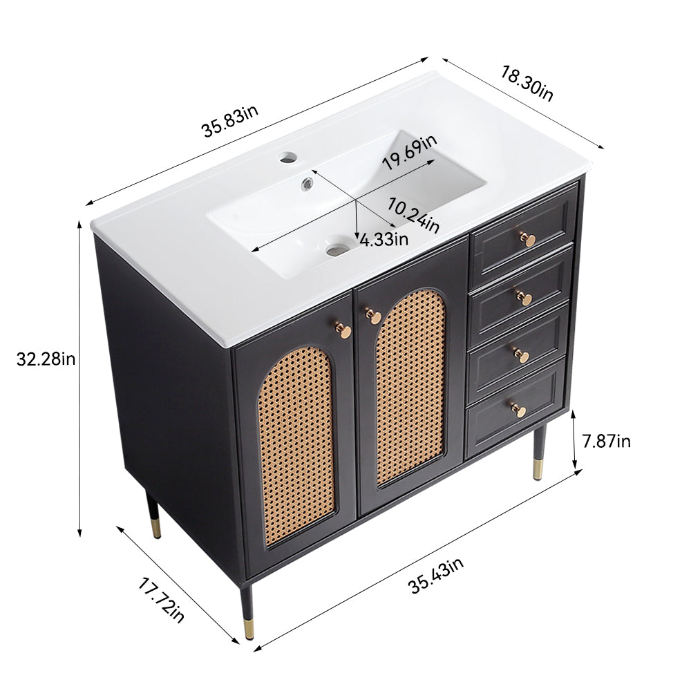 36" Bathroom Vanity with Ceramic Basin, Rattan Bathroom Storage Cabinet with Two Doors and Drawer
