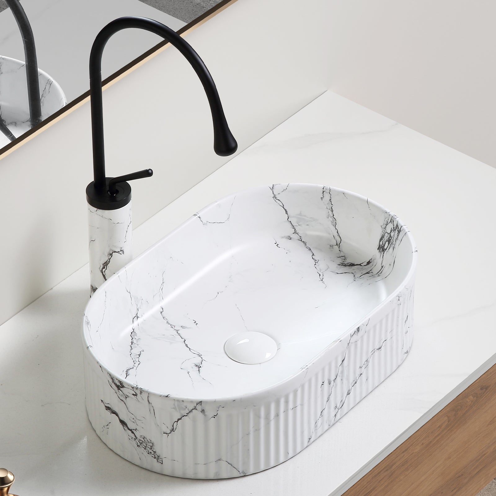 KPUY 19" x 12" Oval Vessel Sink Set with Faucet & Drain | Black & White Marble Ceramic