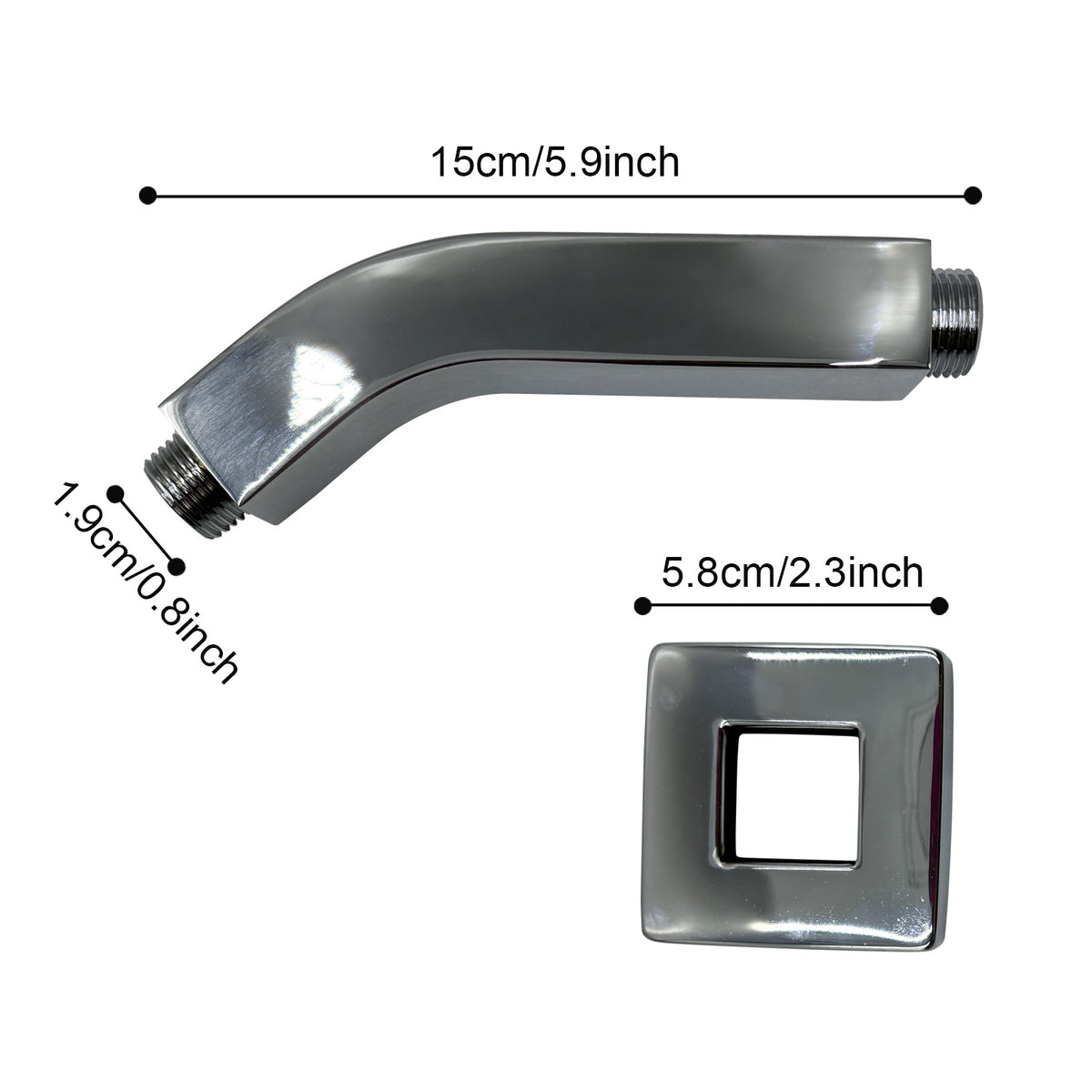 Square Shower Arm with Flange, 1/2 NPT Tapered Threads, Rain Shower Head Arm, Wall Mount Shower Extension Arm
