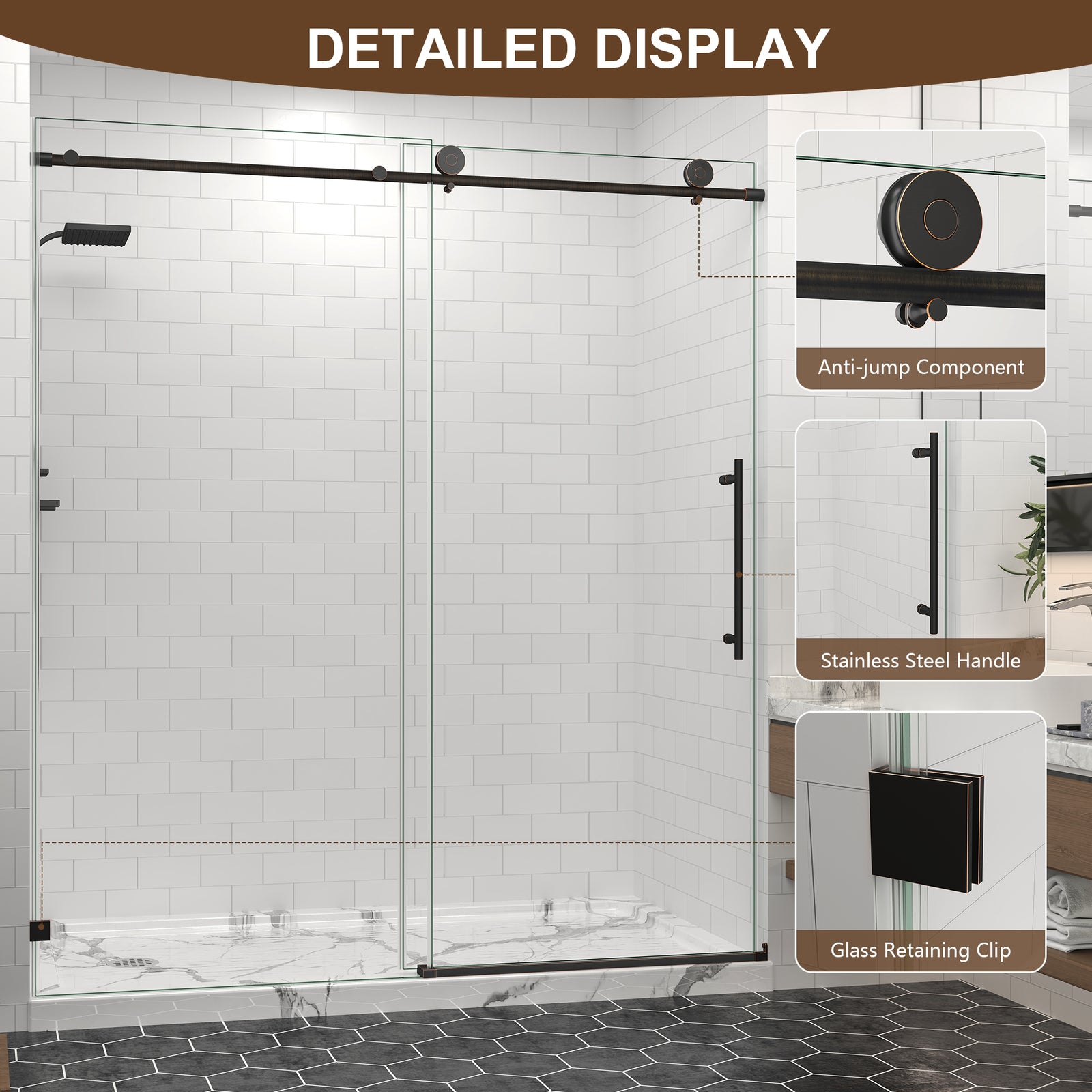 55â60, 61â65 & 67â72 in. W x 76 in. H Frameless Sliding Shower Door, 5/16 in. Clear Glass â Oil Rubbed Bronze