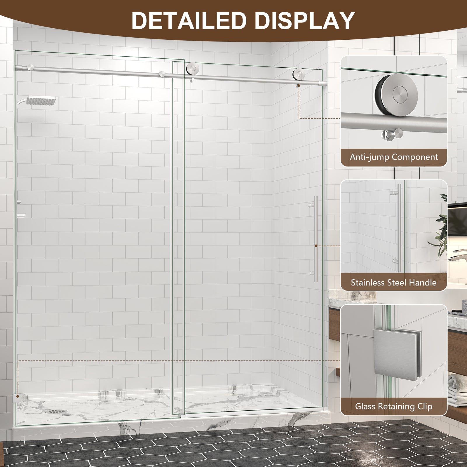 55–60, 61–65 & 67–72 in. W x 76 in. H Frameless Sliding Shower Door, 5/16 in. Clear Glass – Brushed Nickel