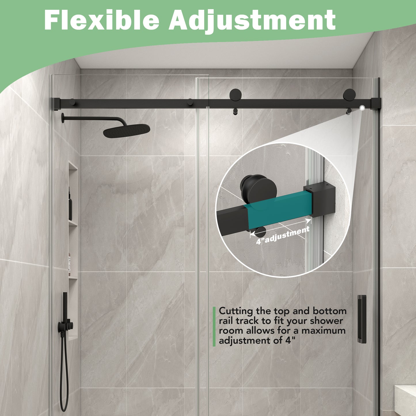 KPUY S9711A Frameless Shower Door, 56-60" W x 76" H Sliding Glass Shower Door, 1/4" (6mm) Thick Tempered Clear Glass with Explosion-Proof Film Nano Coating in Matte Black Finish