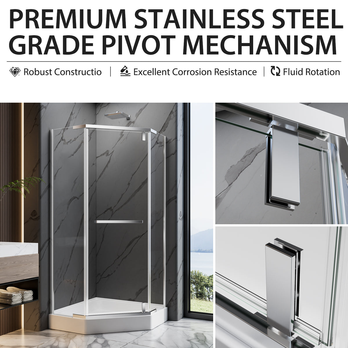 36"D X 36"W X 72"H Neo-Angle Shower Door, Corner Shower Door, 1/4" Tempered Glass With Explosion-Proof Film, Chrome Stainless Steel Frame