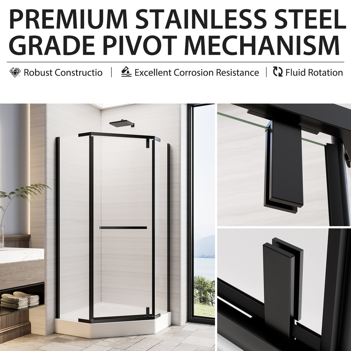 36"D X 36"W X 72"H Neo-Angle Shower Door, Corner Shower Door, 1/4" Tempered Glass With Explosion-Proof Film, Black Stainless Steel Frame