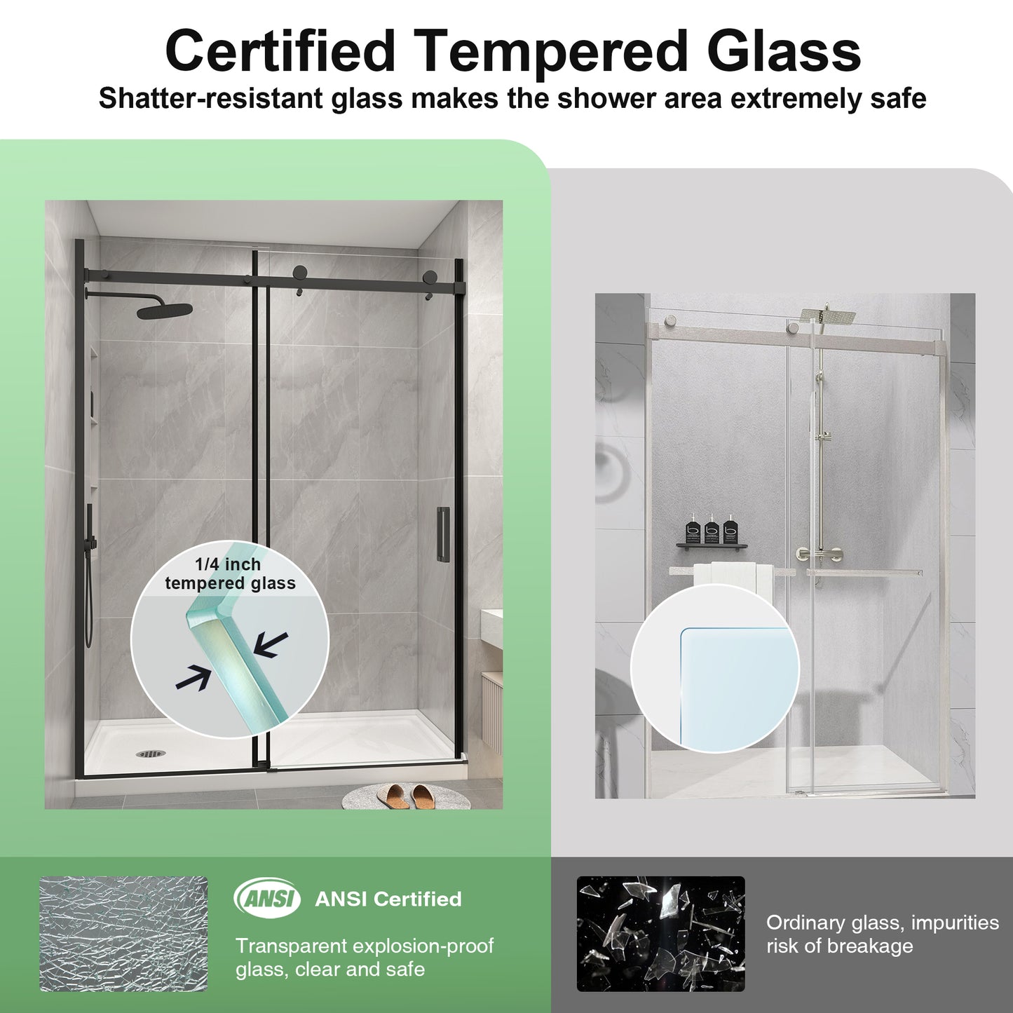 KPUY 9711 Frameless Shower Door, 50-54" W x 76" H Sliding Glass Shower Door, 1/4" (6mm) Thick Tempered Clear Glass with Explosion-Proof Film Nano Coating in Matte Black Finish