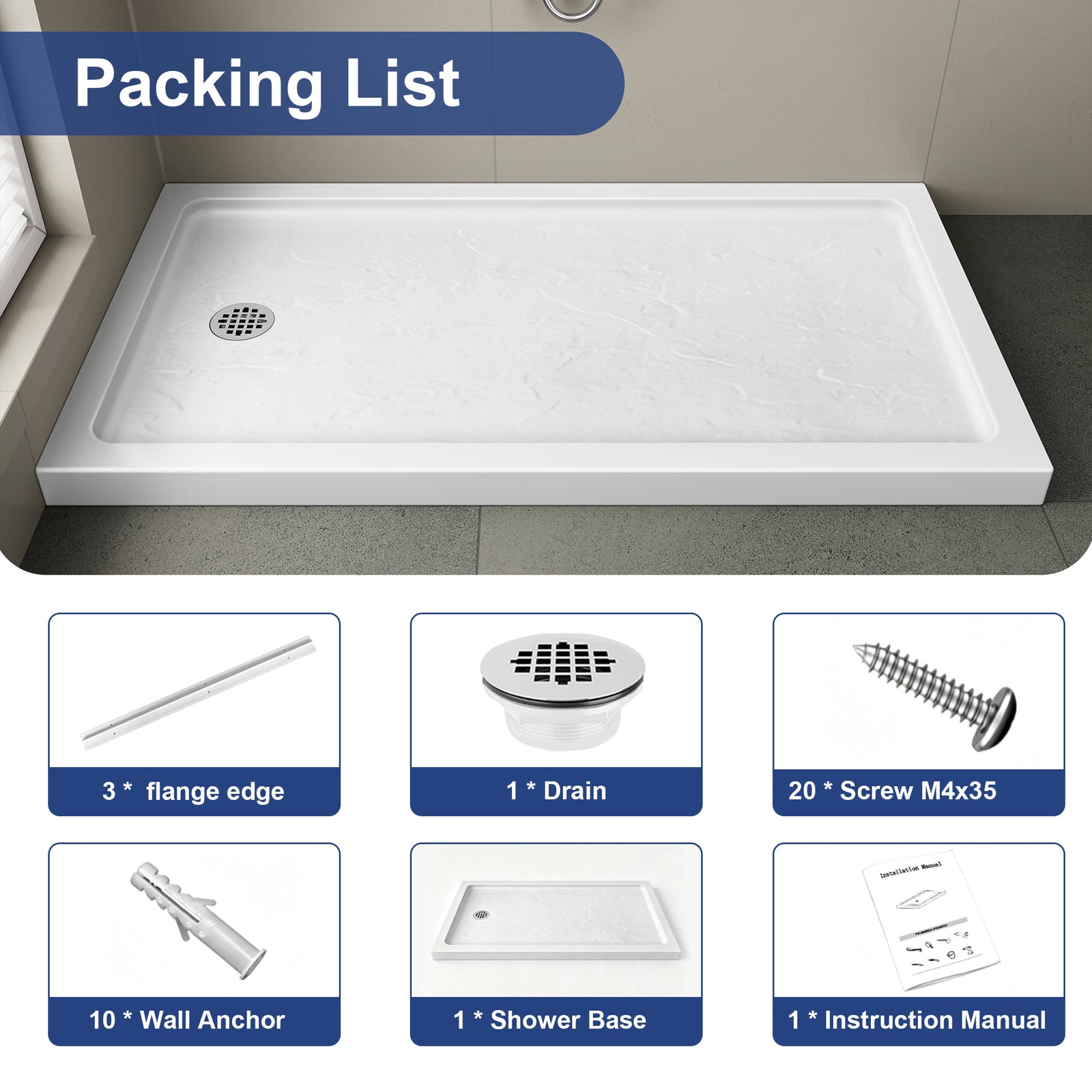White Rectangular Shower Base Series – 10 Sizes