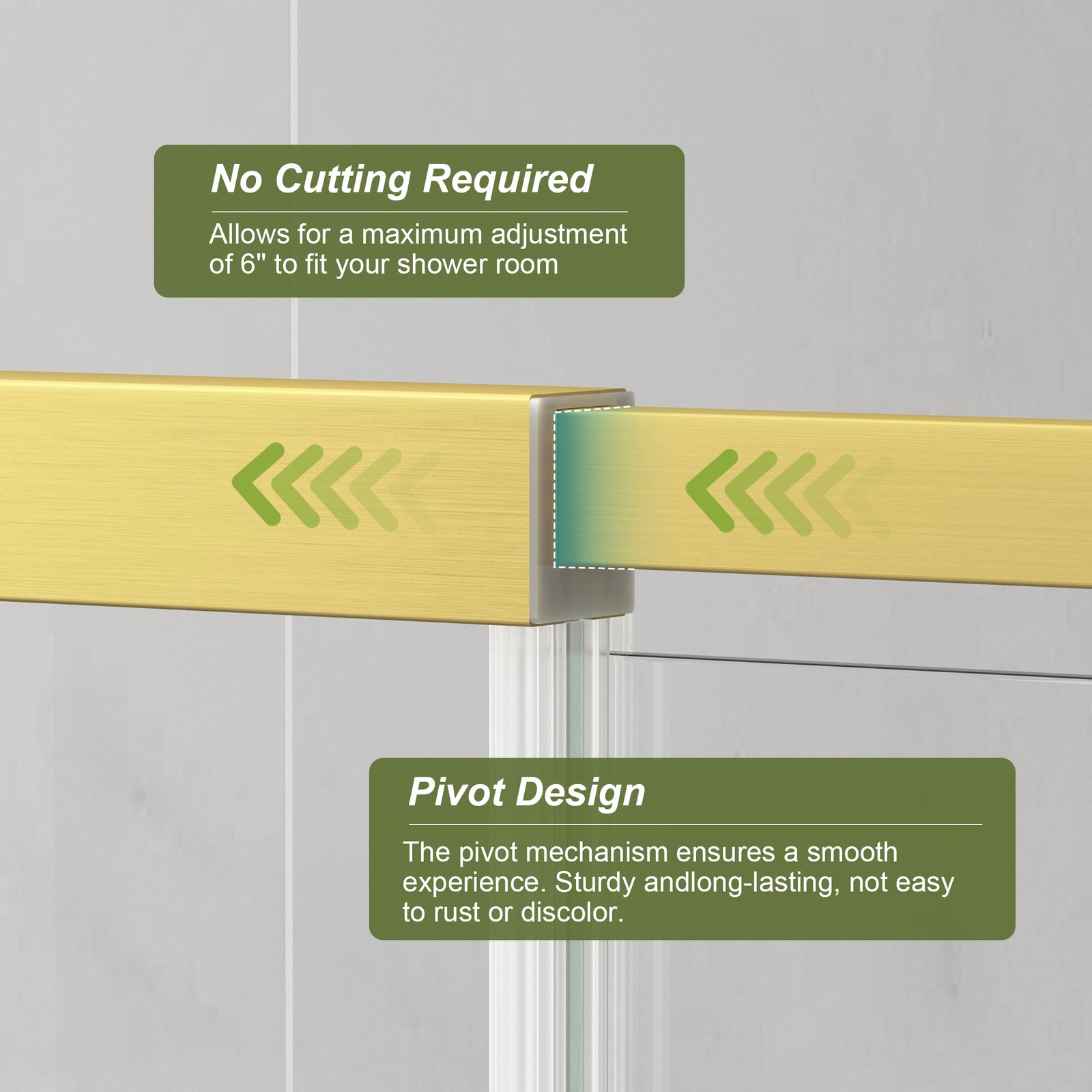 KPUY Semi-Frameless Pivot Shower Door, 1/4" Tempered Glass, Brushed Gold – 36–42" & 42–48" W x 72" H