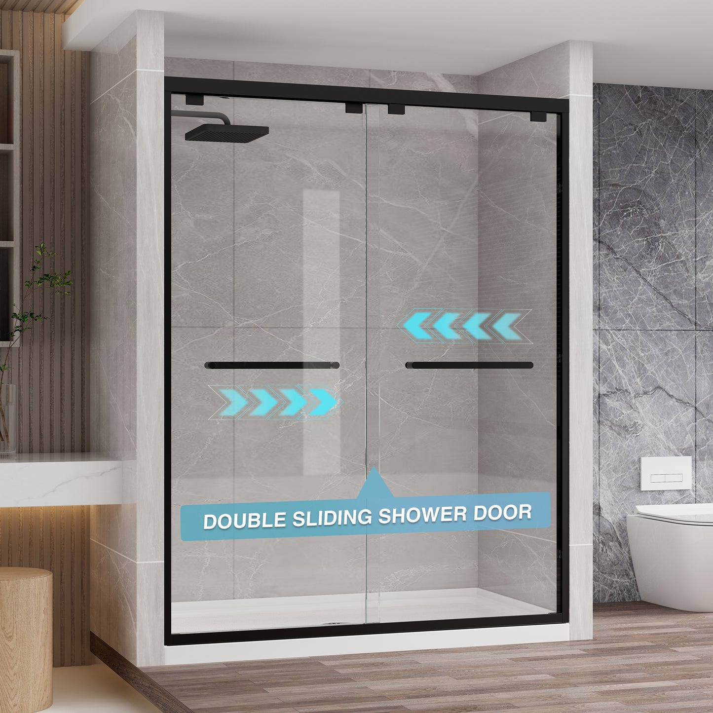 KPUY S0102 Glass Shower Door, 56-60" W x 76" H Semi-Frameless Shower Door, Double Sliding Shower Door with 1/4" (6mm) Thick Tempered Clear Glass, Shower Glass Door with Explosion-Proof Film in Matte Black