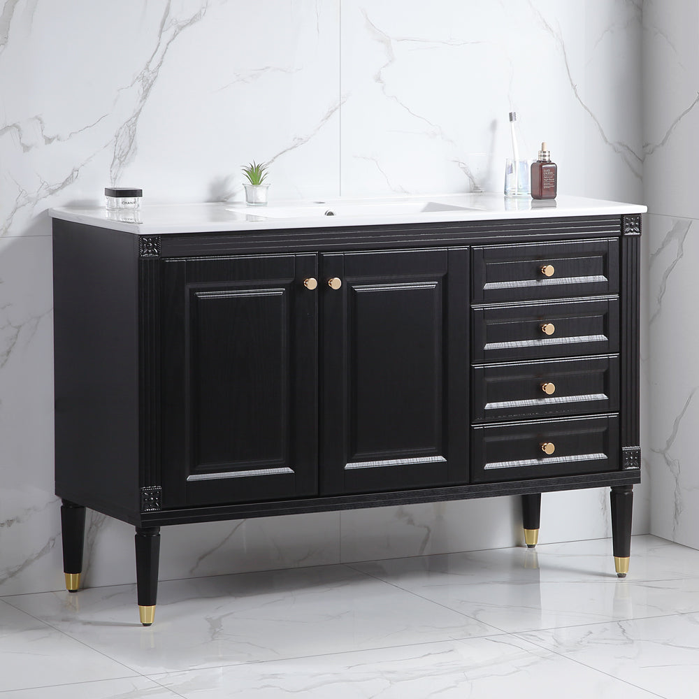 48'' Bathroom Vanity with Top Sink, Bathroom Storage Cabinet with 2 Soft Closing Doors and 3 Drawers, Single Sink Bathroom Vanity. black
