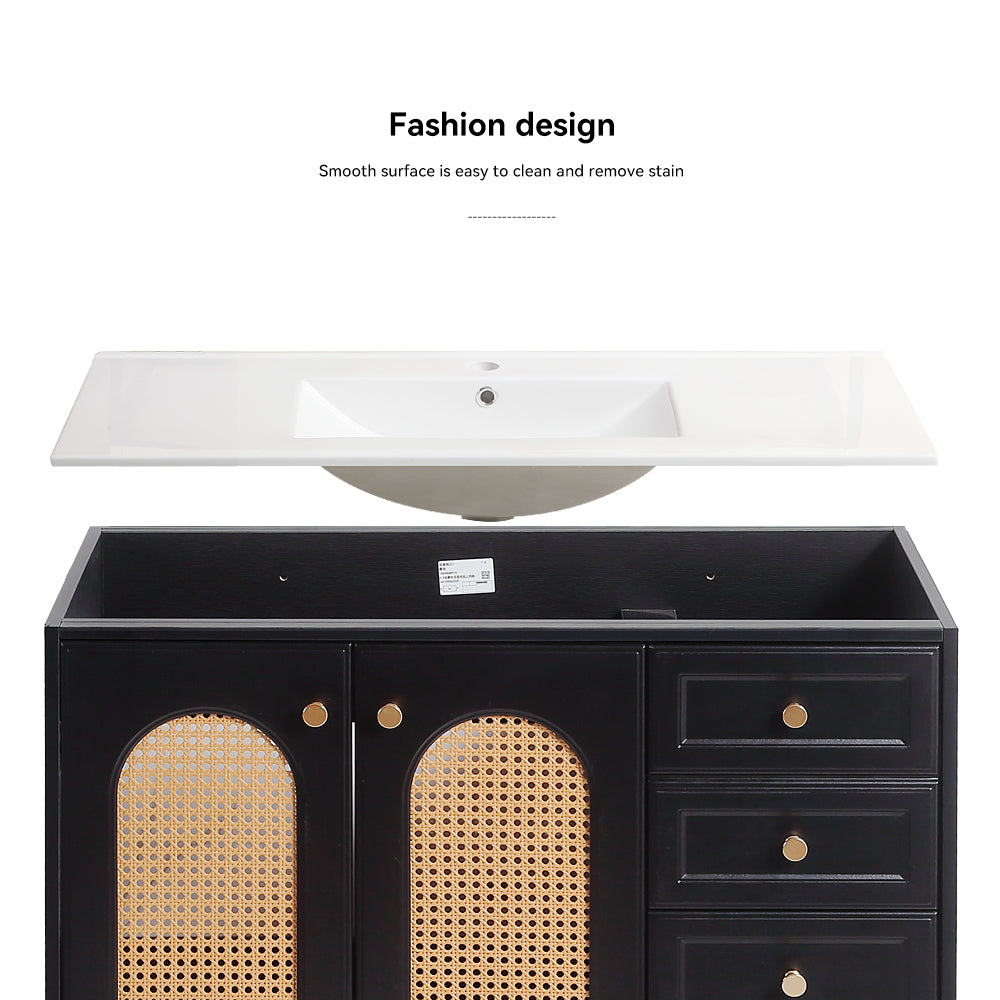 36" Bathroom Vanity with Ceramic Basin, Rattan Bathroom Storage Cabinet with Two Doors and Drawer