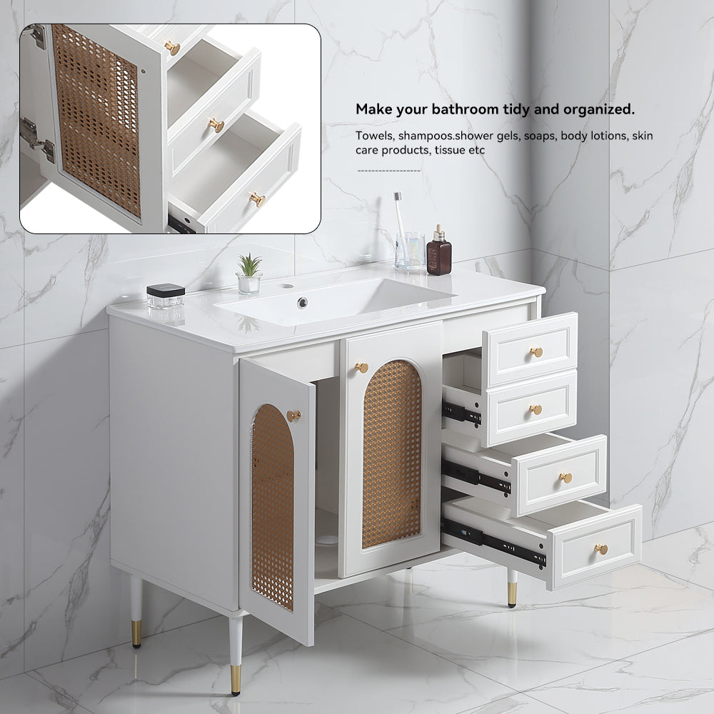 36" Bathroom Vanity with Ceramic Basin, Rattan Bathroom Storage Cabinet with Two Doors and Drawer