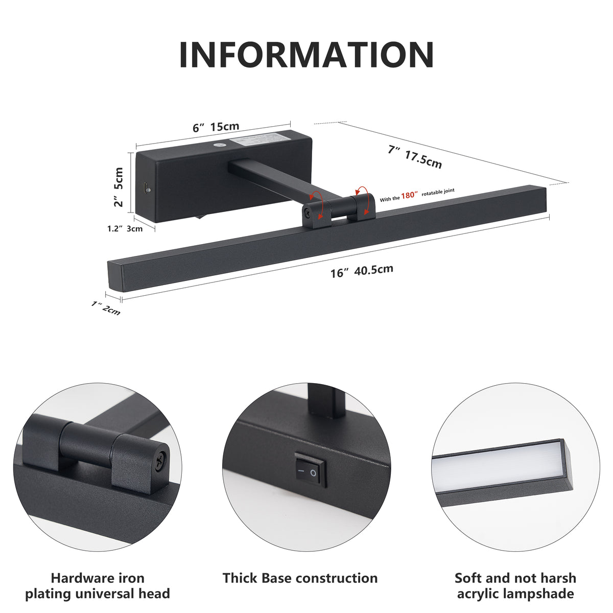 16inch Black Bathroom Light Fixtures Over Mirror Modern Dimmable LED Vanity Light for Bathroom Wall Lighting
