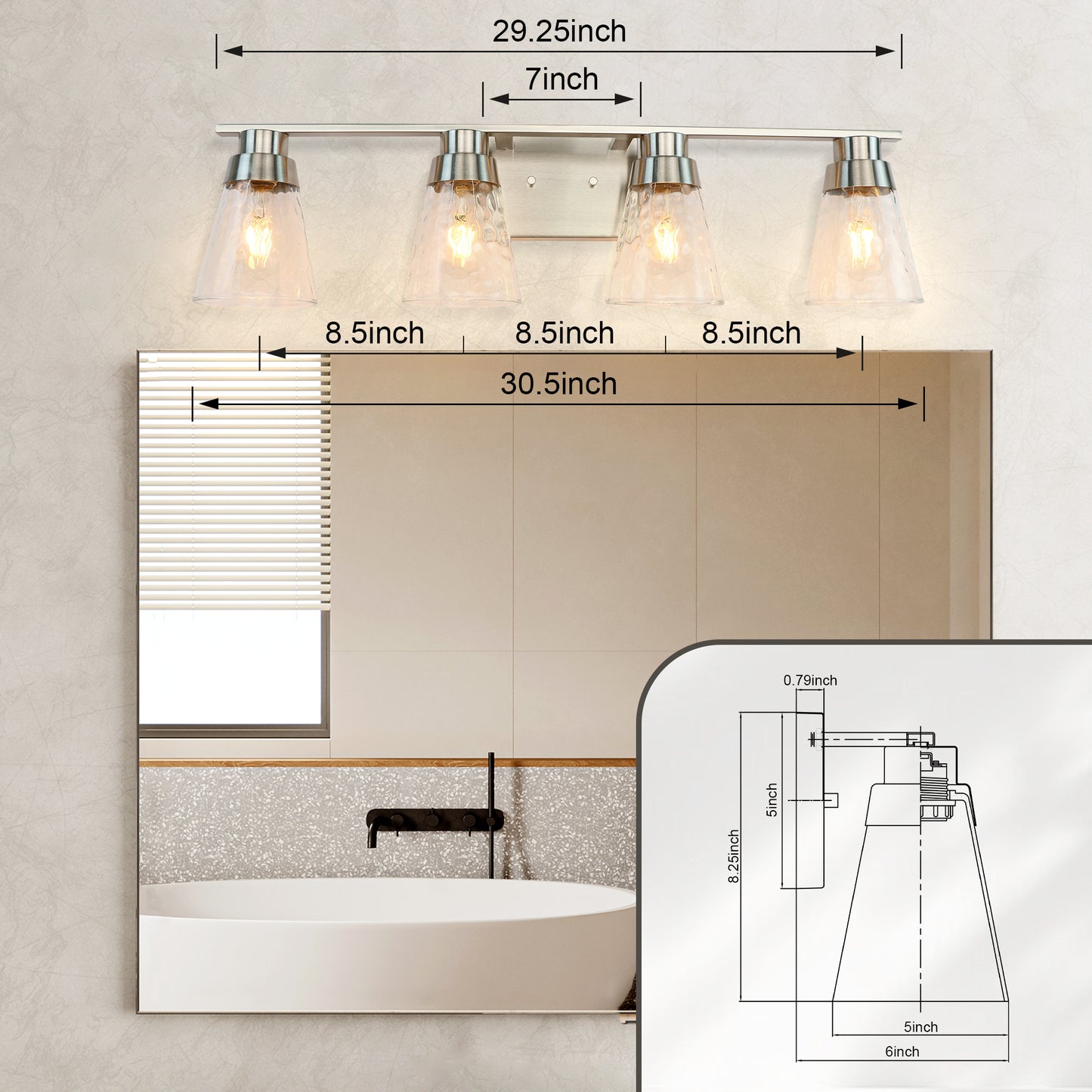 Modern Gold Vanity Lighting Fixture, 4 Light Over Mirror, Wall Lamp with Clear Glass for Bathroom, Hallway, Bedroom with E26 Socket