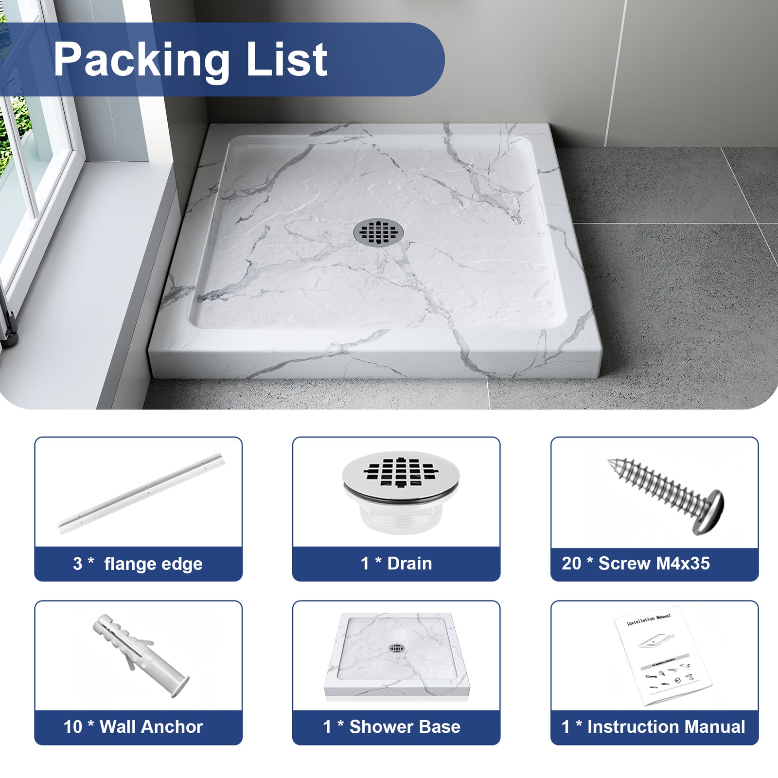 KPUY Square Acrylic/ABS Shower Base Pan with Center Drain, Carrara White Stone-Look