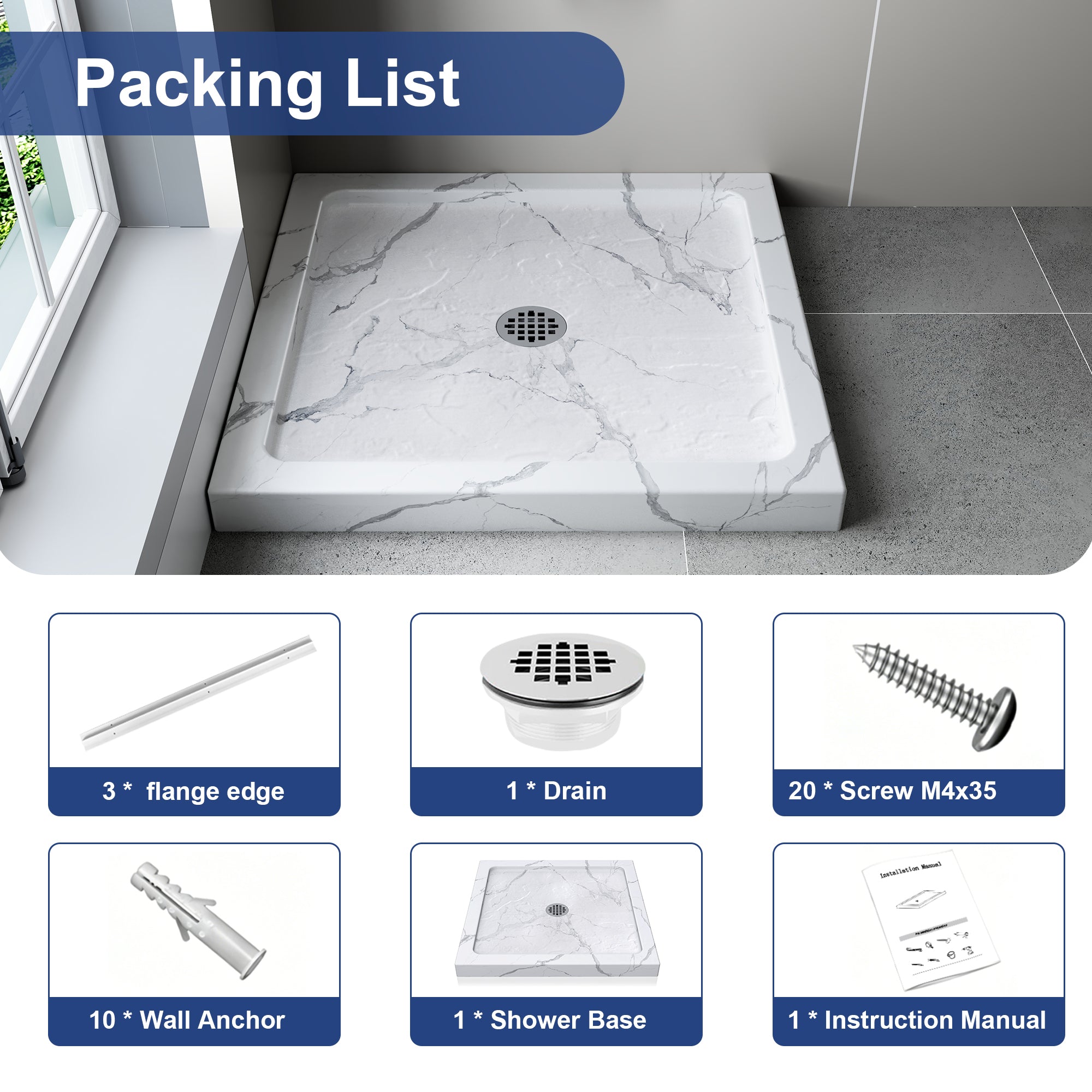 Carrara White Square Shower Base Series – Center Drain Stone-Look Shower Pan