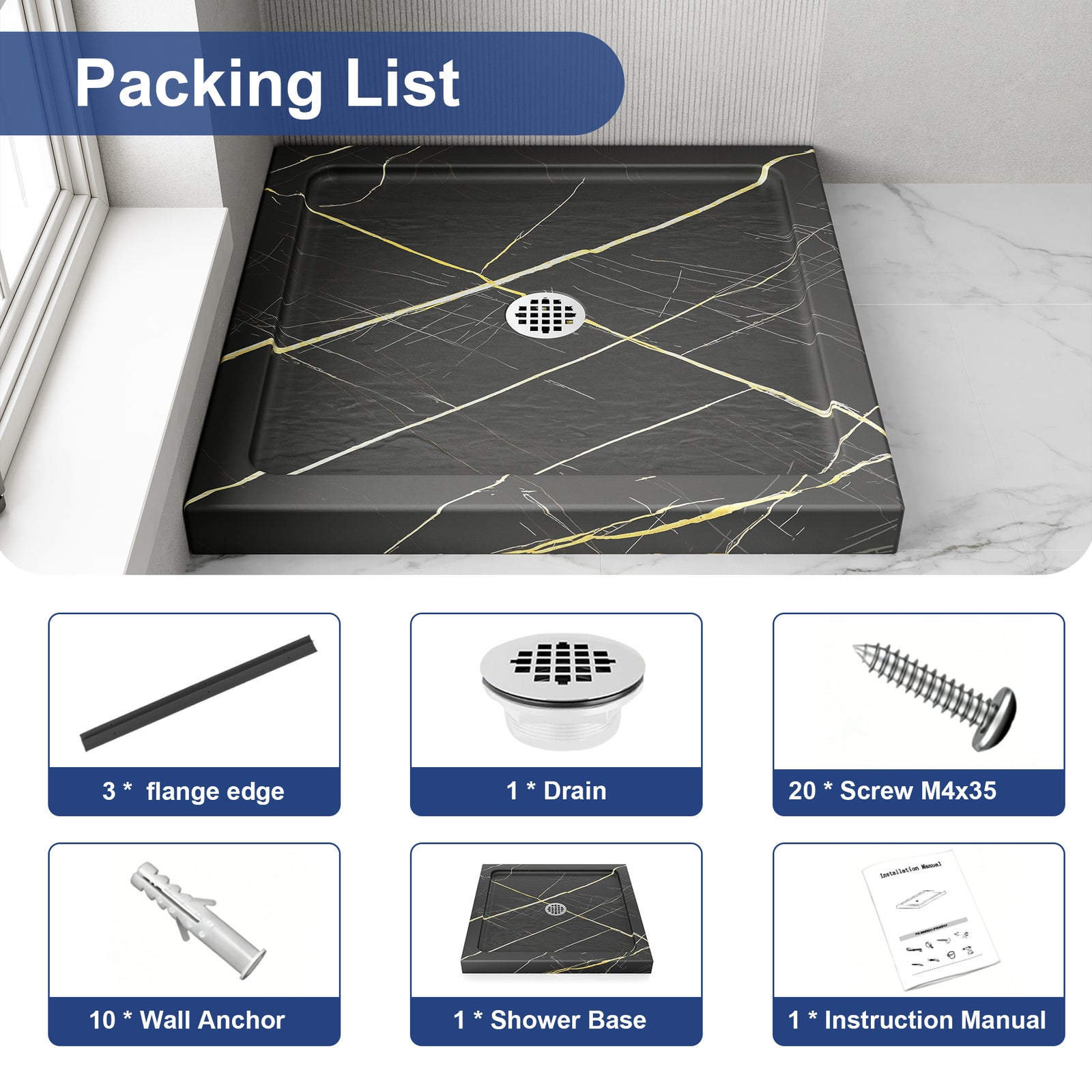 KPUY Square Acrylic/ABS Shower Base Pan with Center Drain, Black Gold Stone-Look