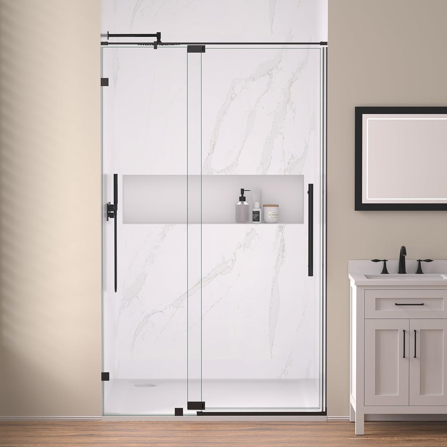 44-48" W x 74" H Pivot Swing Shower Door, Pivot Semi-Frameless Glass Shower Door with 1/4"(6mm) Clear SGCC Tempered Glass, Stainless Steel Frame, Matte Black
